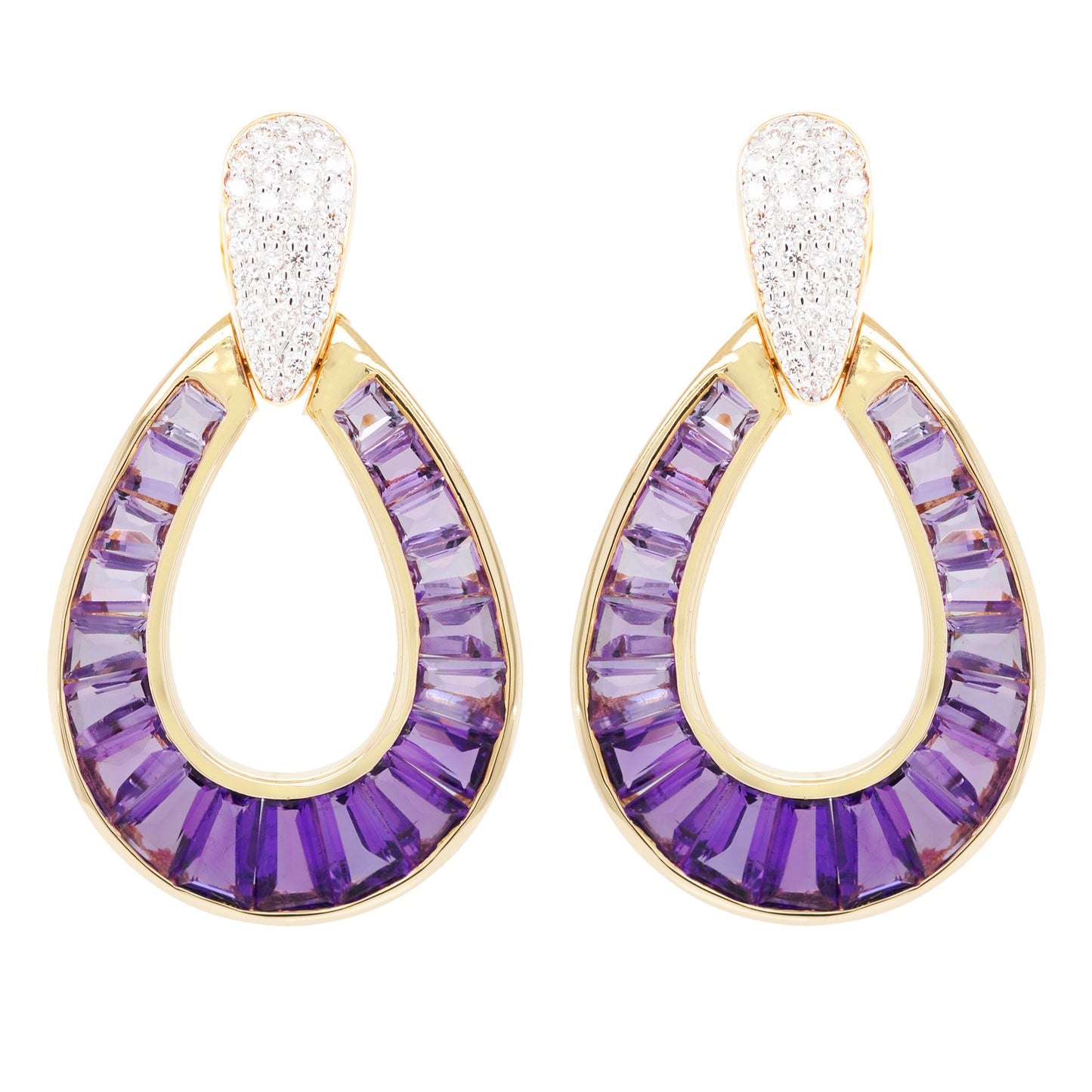 18K Gold Taper Baguette Amethyst Diamond Doorknocker Earrings