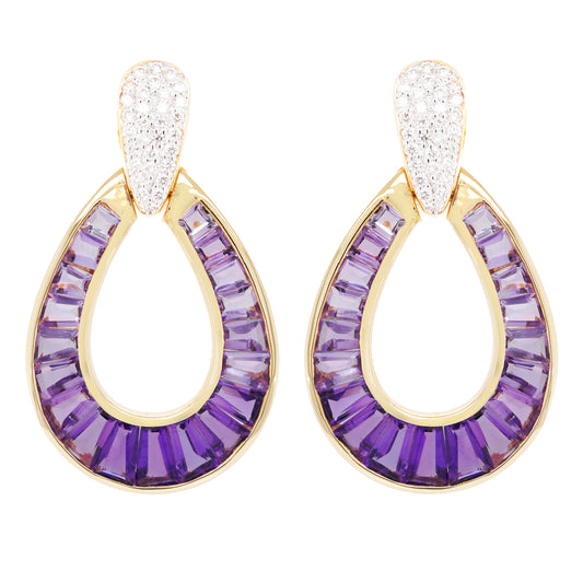 18K Gold Taper Baguette Amethyst Diamond Doorknocker Earrings