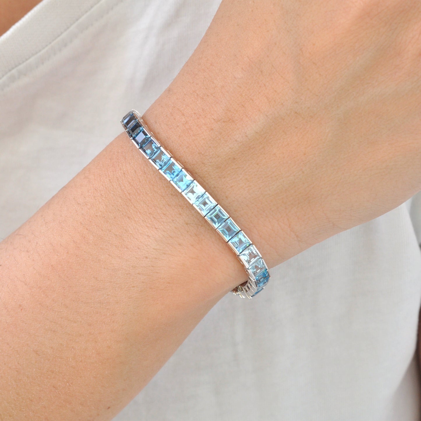 14K White Gold Blue Topaz Art Deco Tennis Line Bracelet