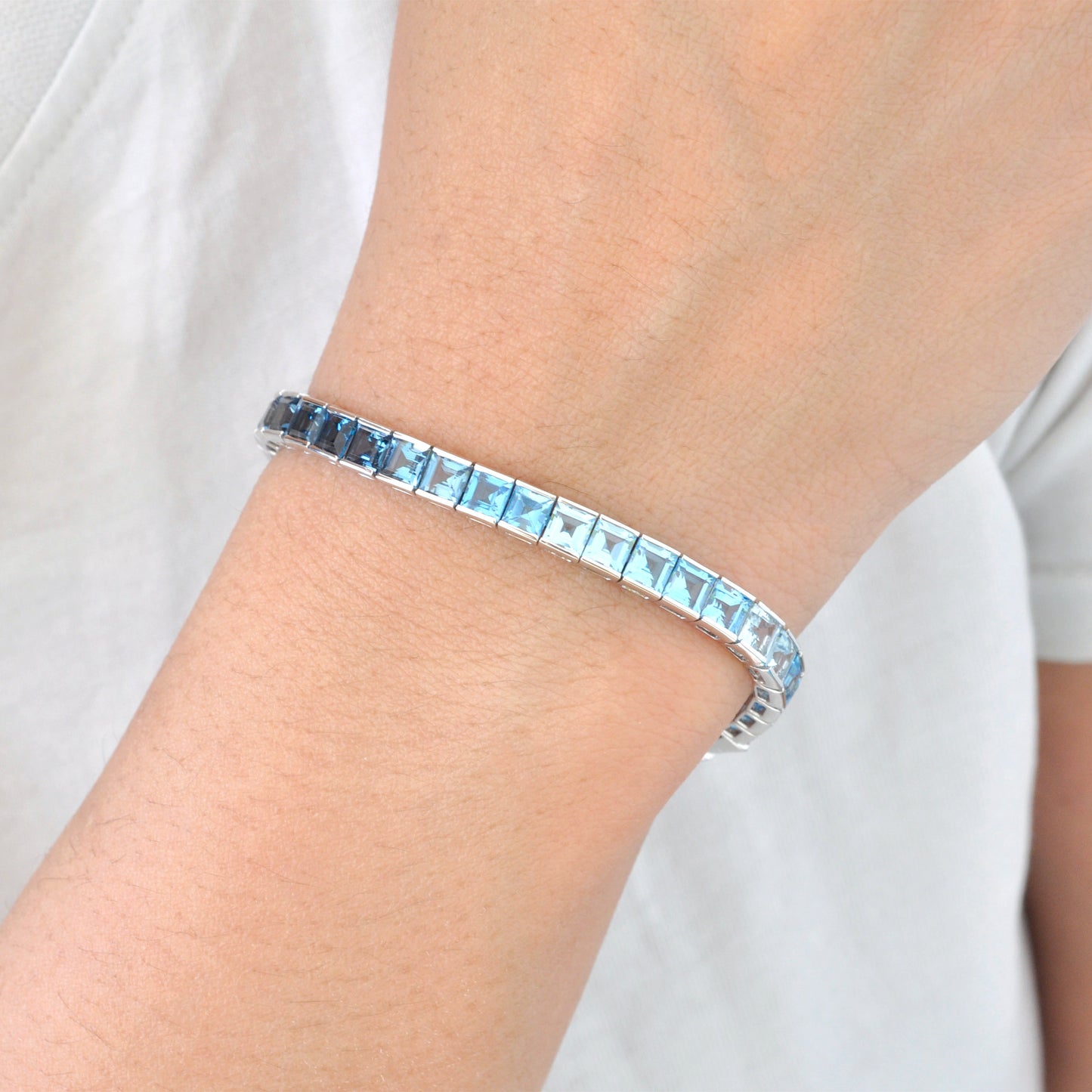 14K White Gold Blue Topaz Art Deco Tennis Line Bracelet