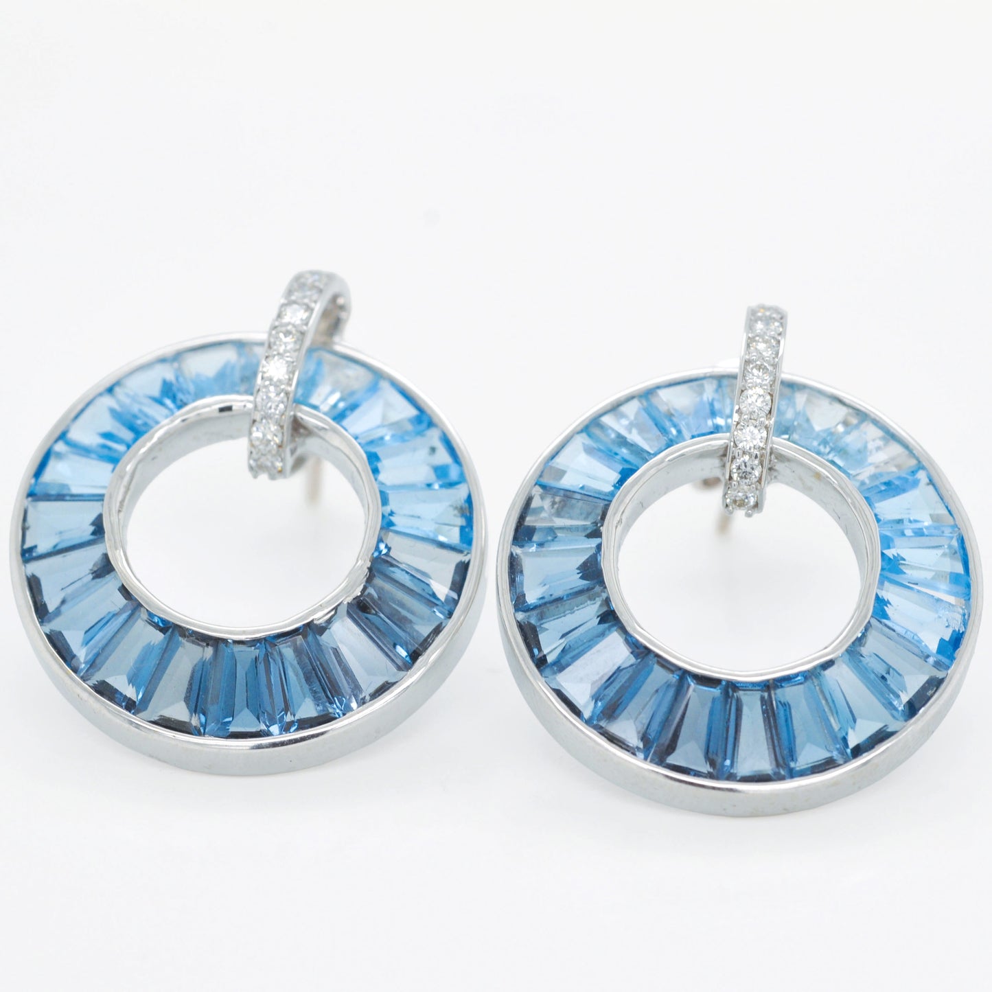 18K White Gold Blue Topaz Diamond Art Deco Circle Earrings