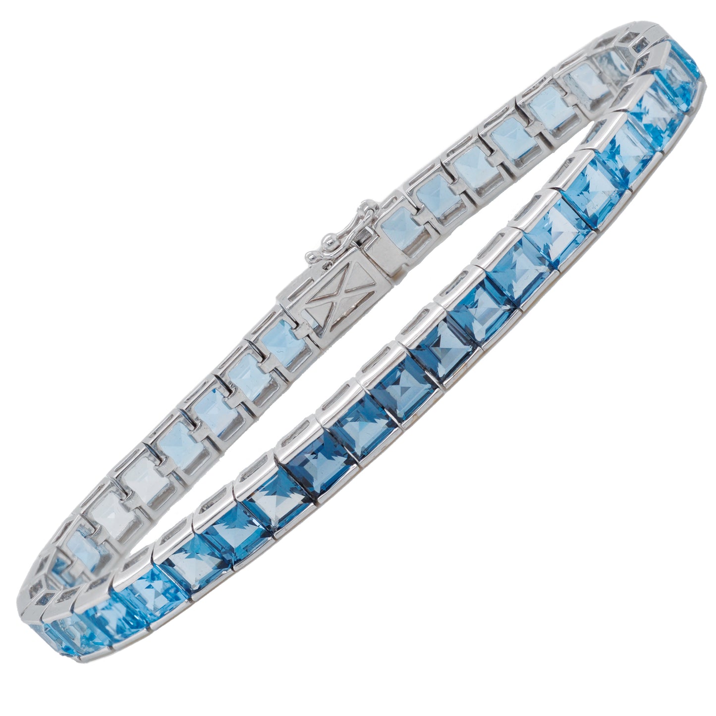 14K White Gold Blue Topaz Art Deco Tennis Line Bracelet