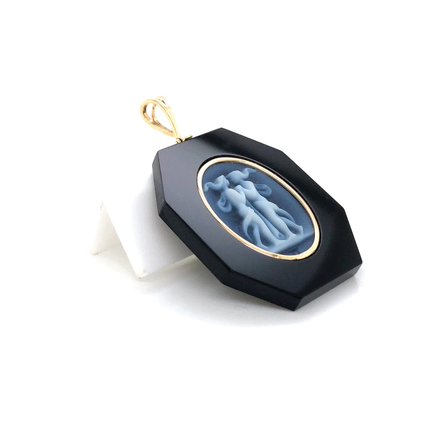 Gemini Zodiac Agate Cameo Black Onyx Pendant Necklace