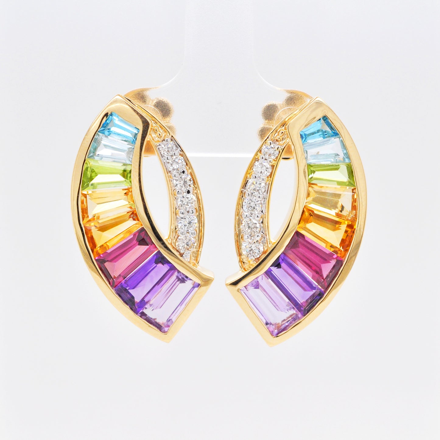 18K Gold Rainbow Baguette Gemstones Diamond Sword Earrings