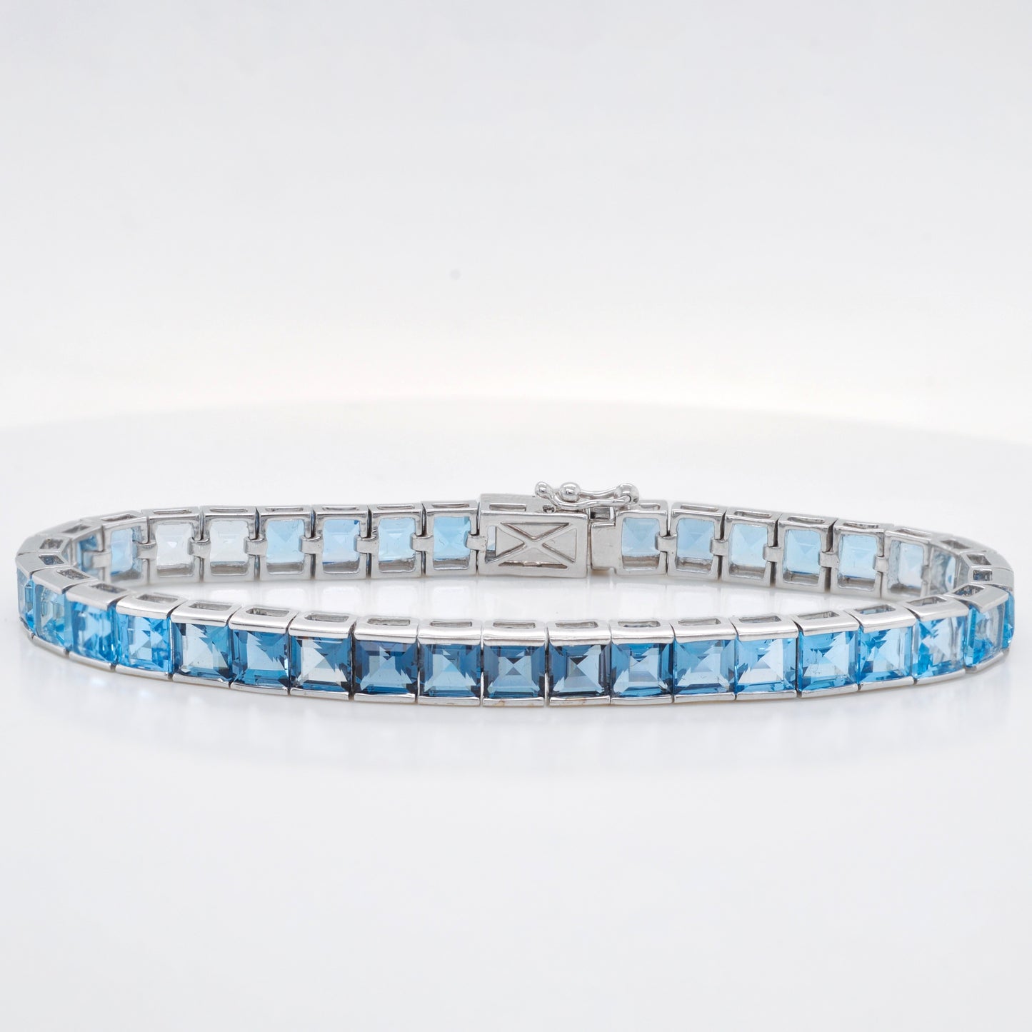 14K White Gold Blue Topaz Art Deco Tennis Line Bracelet