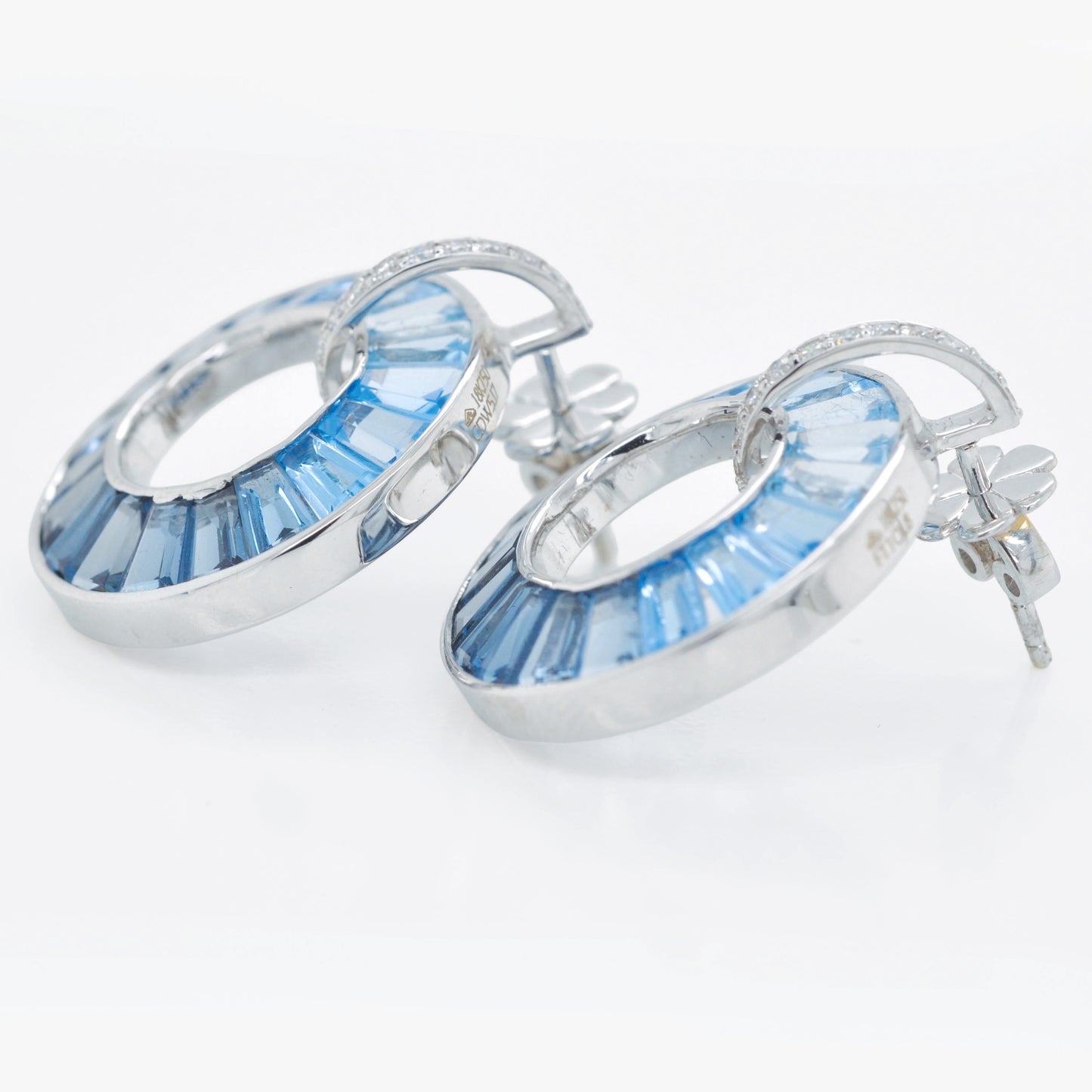 18K White Gold Blue Topaz Diamond Art Deco Circle Earrings