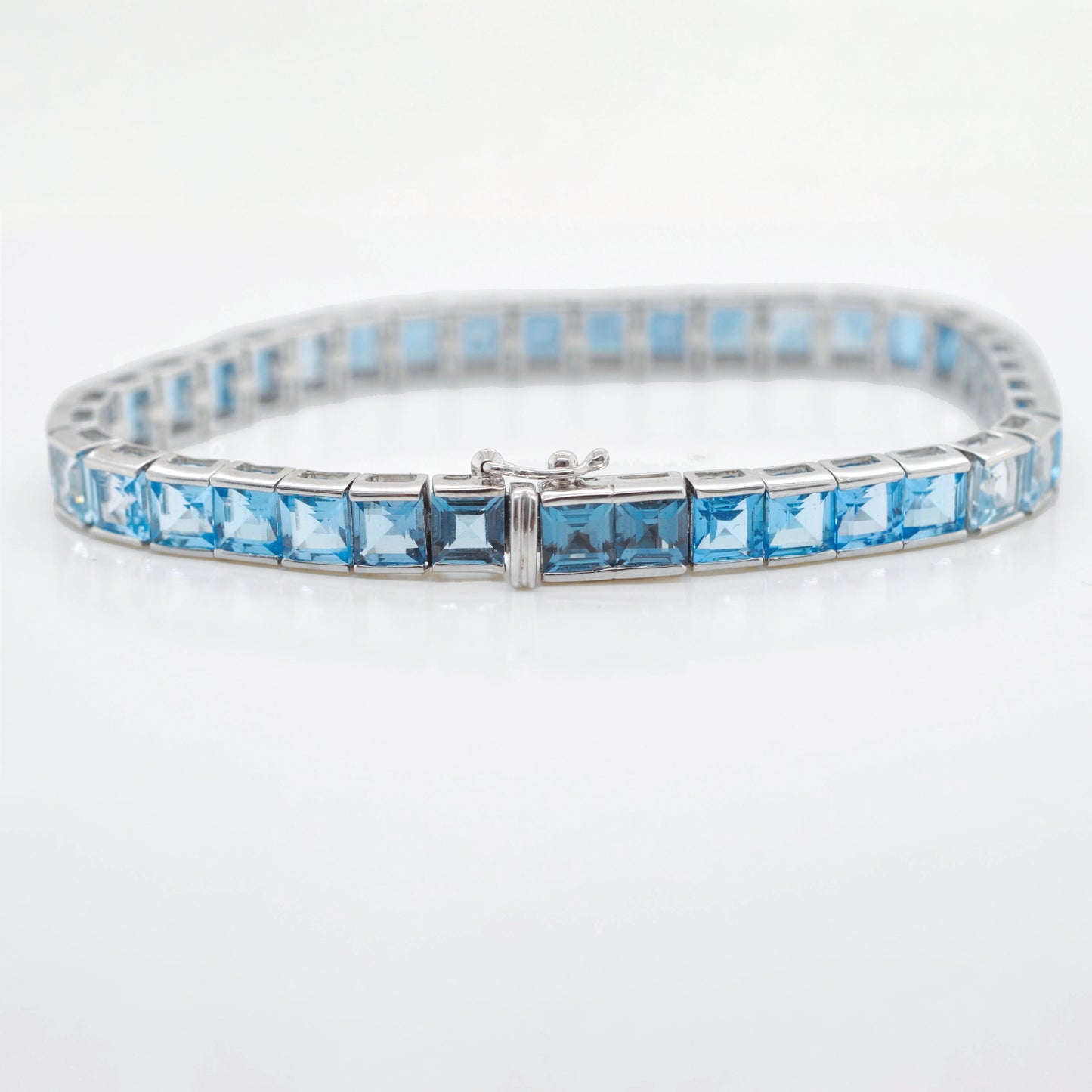 14K White Gold Blue Topaz Art Deco Tennis Line Bracelet