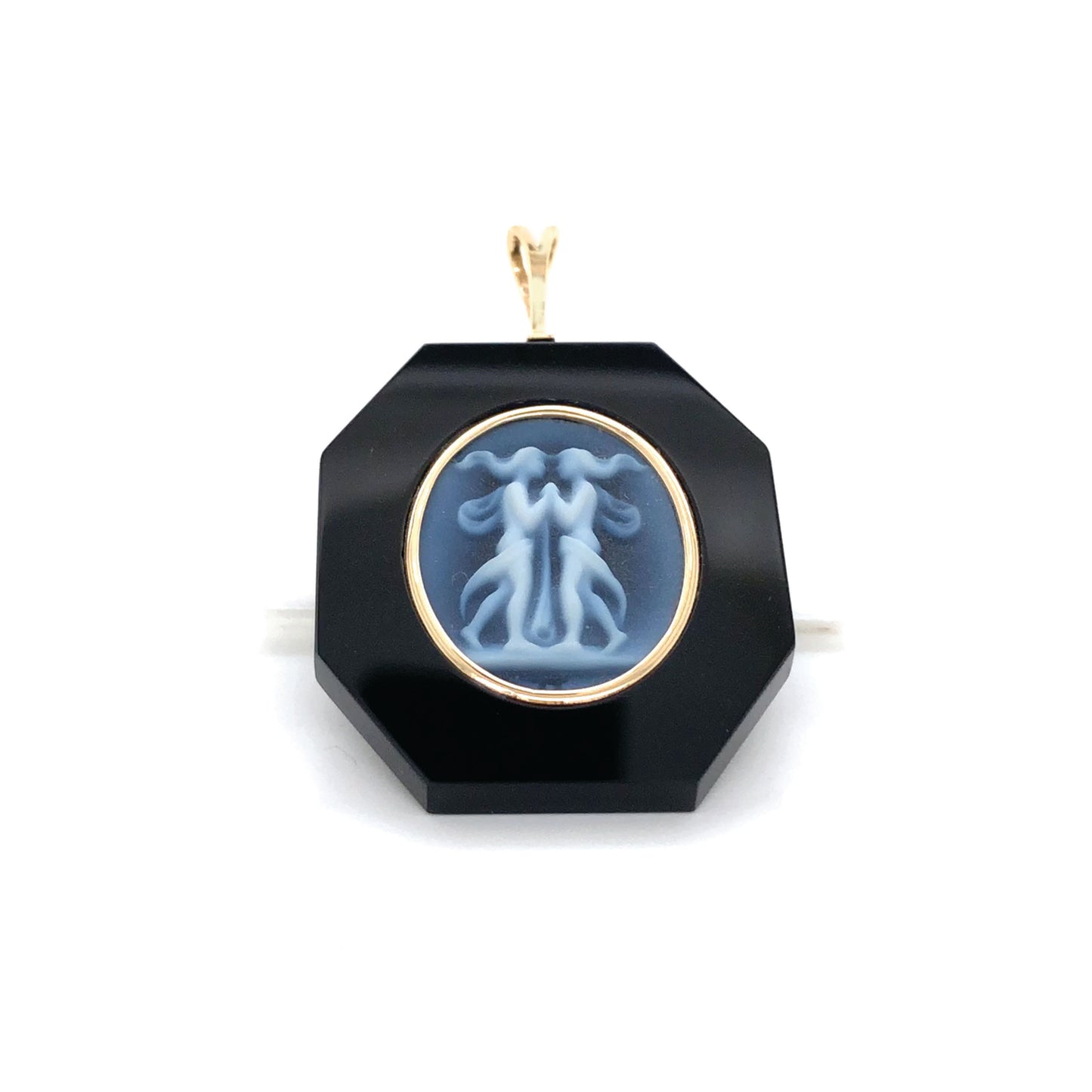 Gemini Zodiac Agate Cameo Black Onyx Pendant Necklace