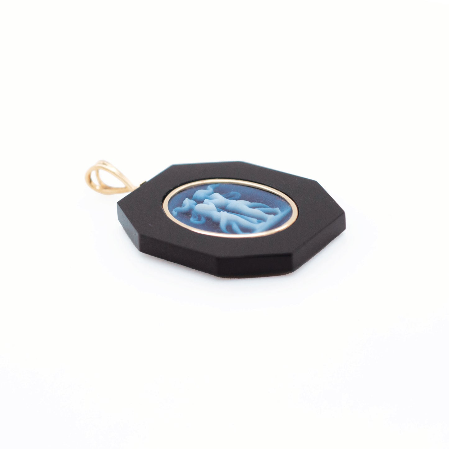 Gemini Zodiac Agate Cameo Black Onyx Pendant Necklace