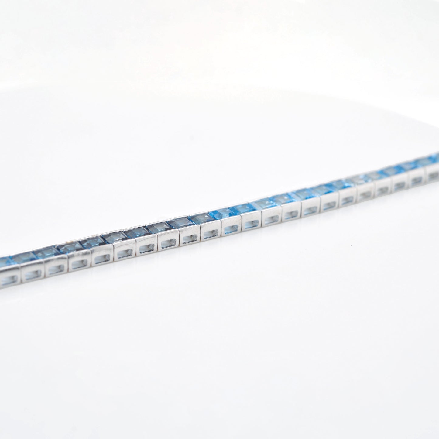 14K White Gold Blue Topaz Art Deco Tennis Line Bracelet