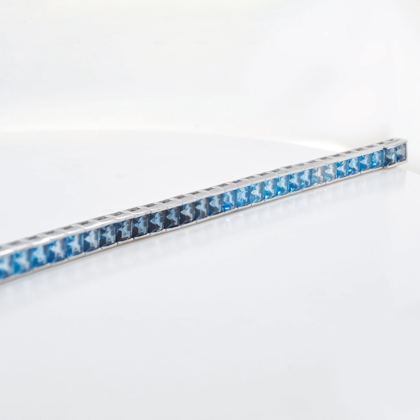 14K White Gold Blue Topaz Art Deco Tennis Line Bracelet