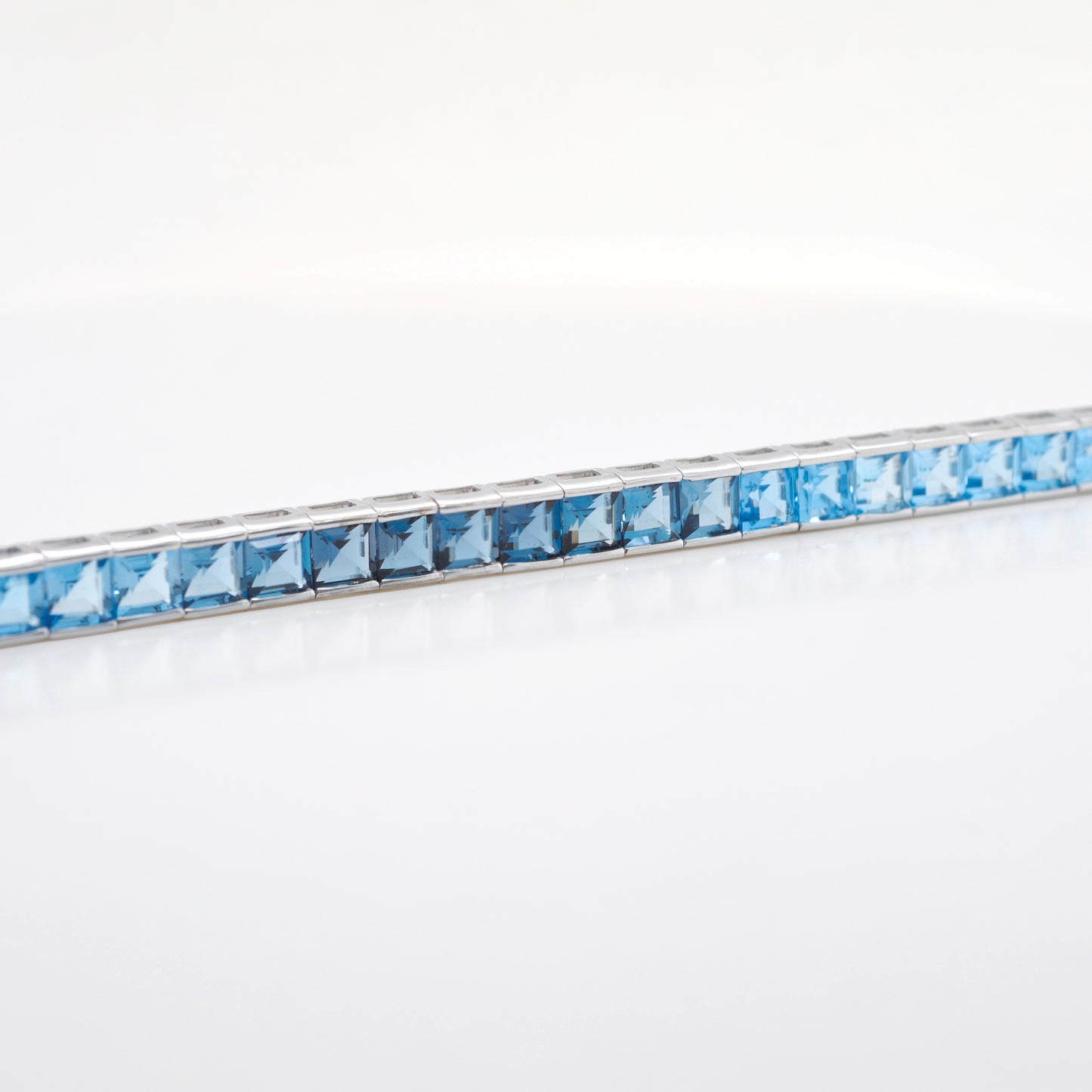 14K White Gold Blue Topaz Art Deco Tennis Line Bracelet