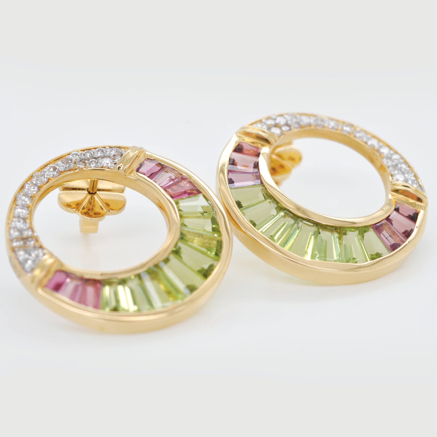 18K Gold Cleopatra Channel-Set Peridot Pink Tourmaline Stud Earrings