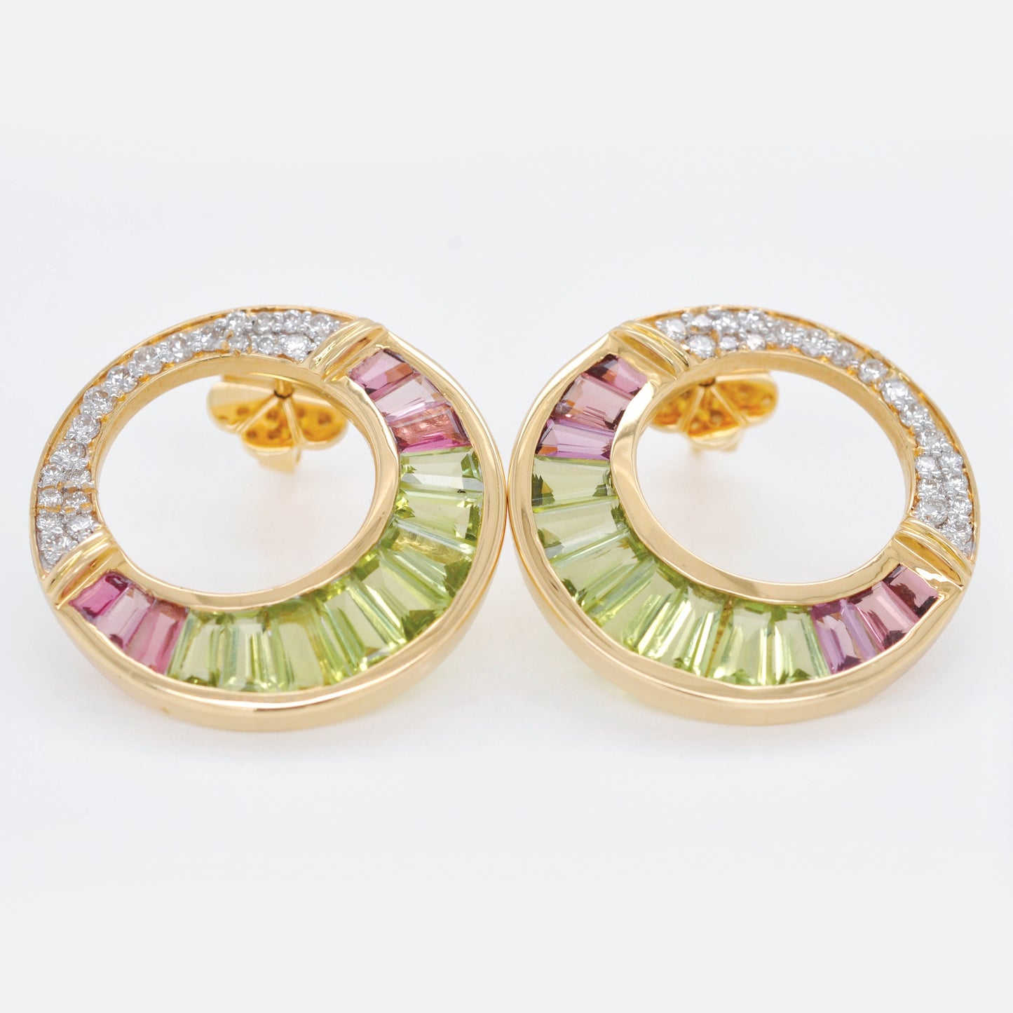 18K Gold Cleopatra Channel-Set Peridot Pink Tourmaline Stud Earrings