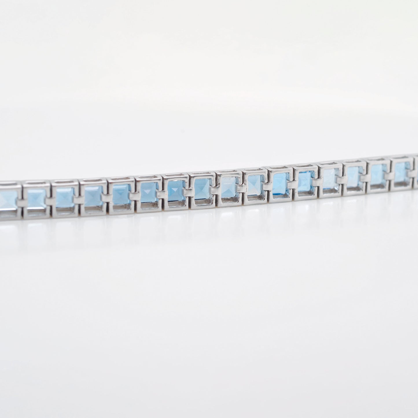 14K White Gold Blue Topaz Art Deco Tennis Line Bracelet