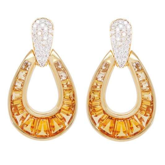 18K Gold Gradient Citrine Diamond Doorknocker Earrings