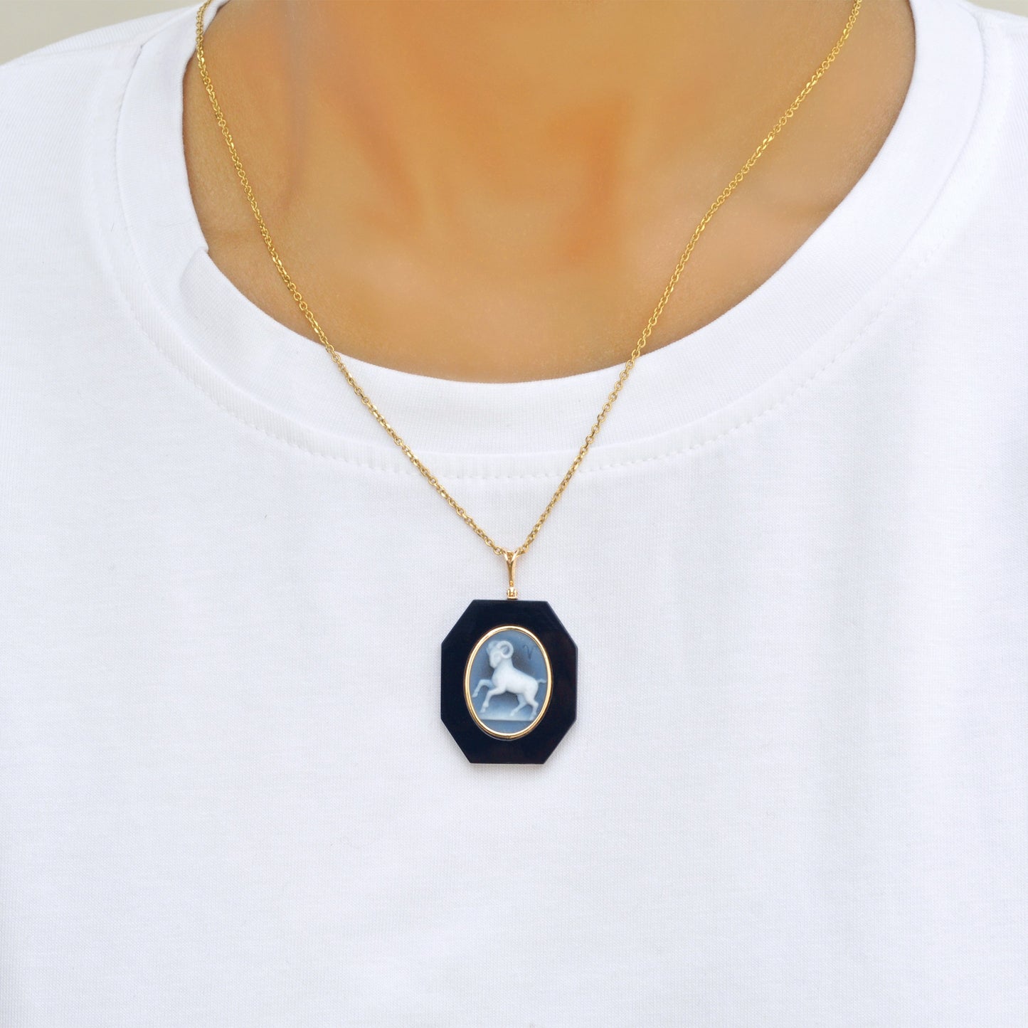 Aries Zodiac Agate Cameo Black Onyx Pendant Necklace