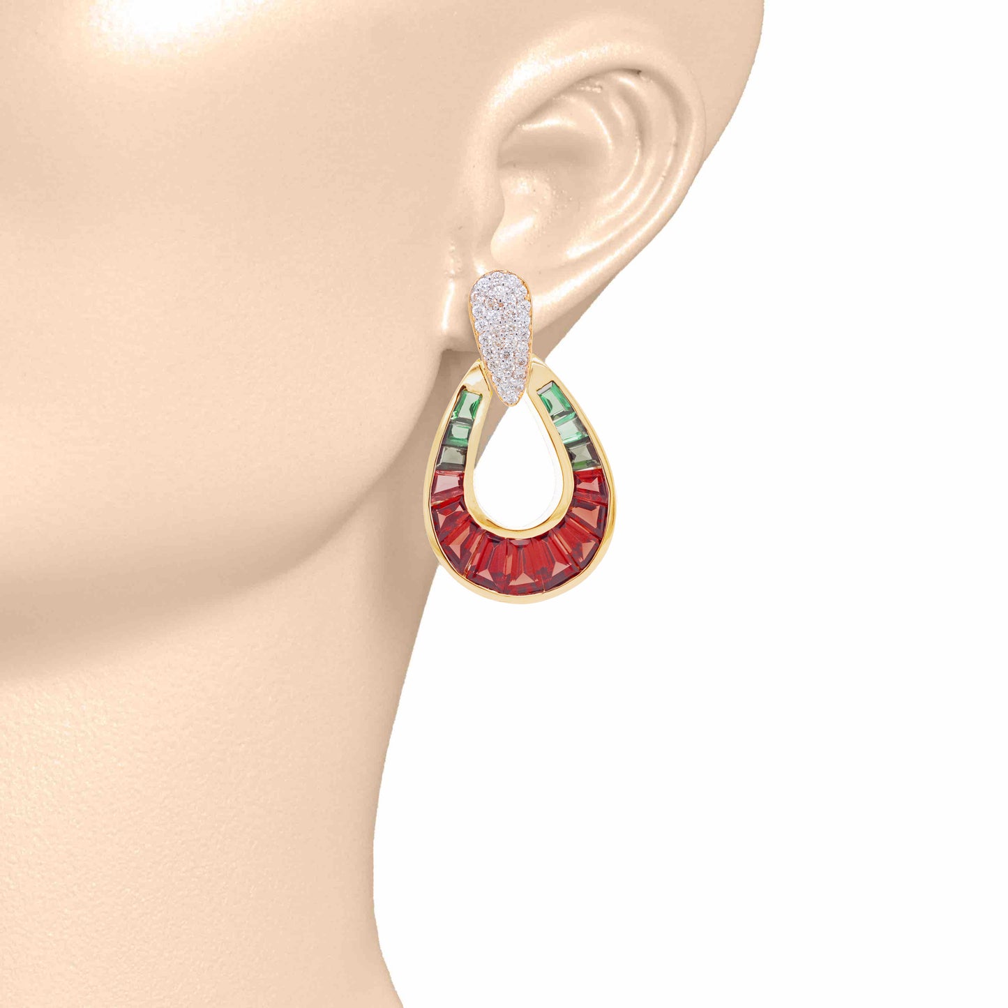 18K Gold Garnet Green Tourmaline Diamond Doorknocker Earrings