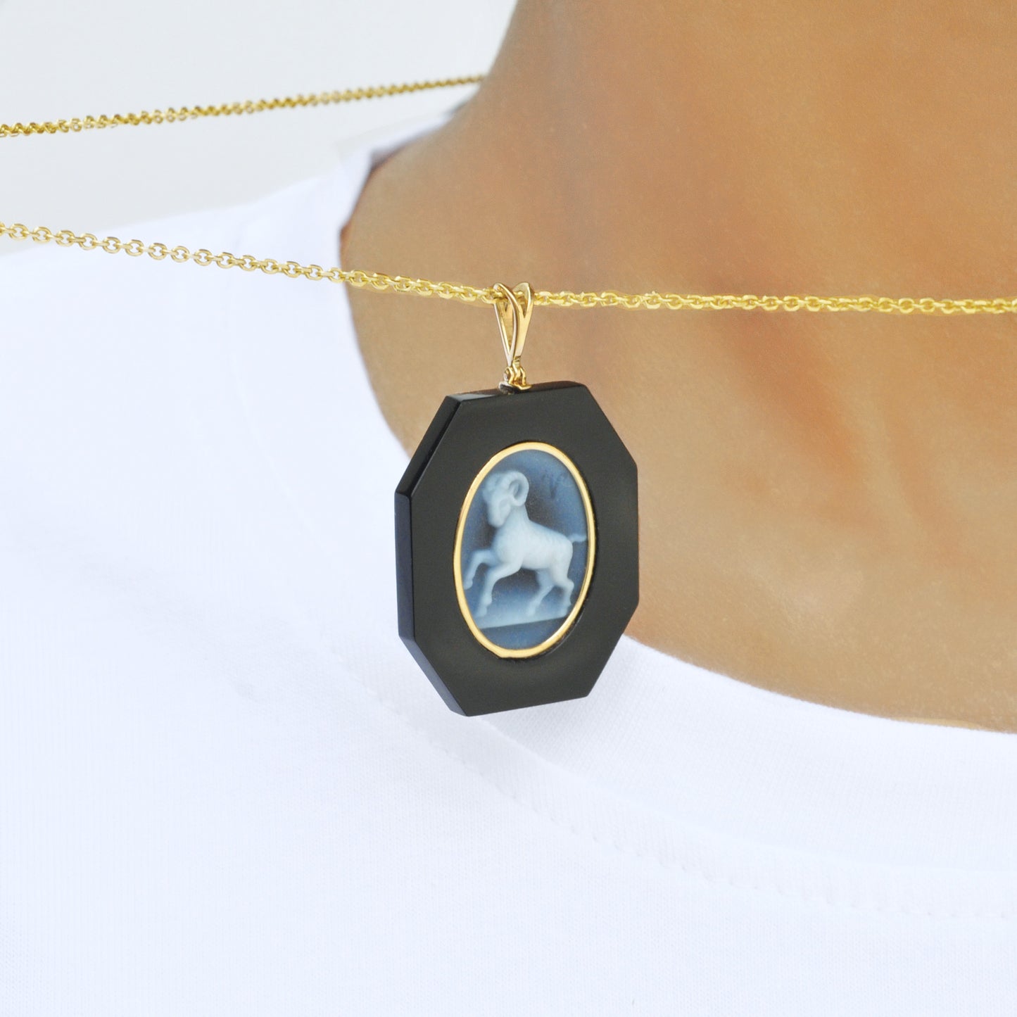 Aries Zodiac Agate Cameo Black Onyx Pendant Necklace