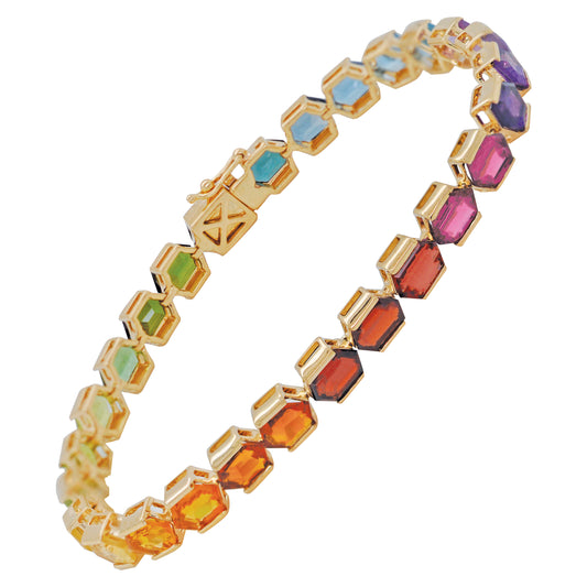 18K Gold 6X4 MM Hexagon Cut Rainbow Gemstone Tennis Bracelet