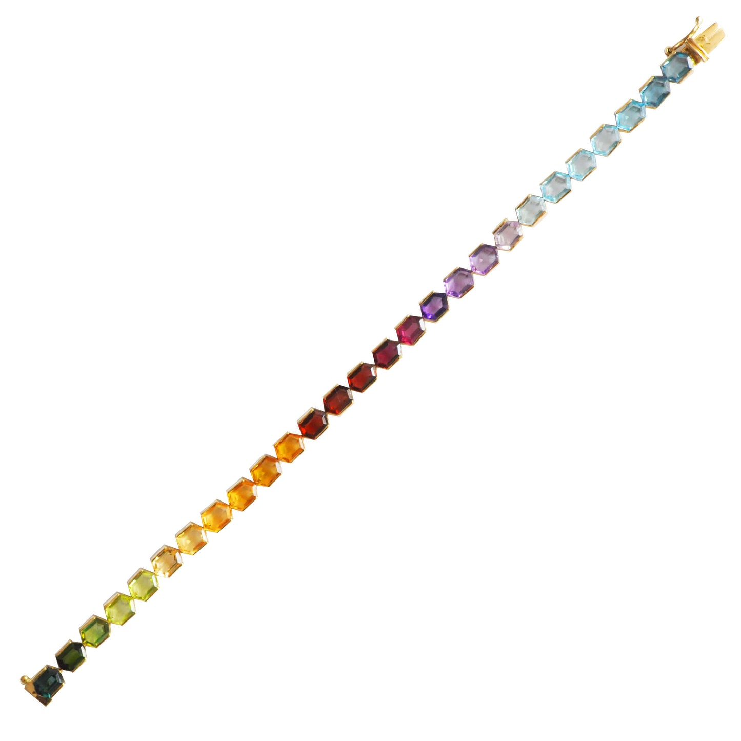 18K Gold 6X4 MM Hexagon Cut Rainbow Gemstone Tennis Bracelet