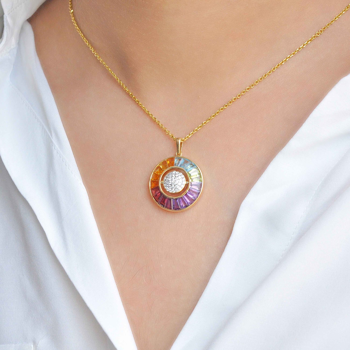 18K Gold Rainbow Gemstone Circle Diamond & Opal Reversible Pendant