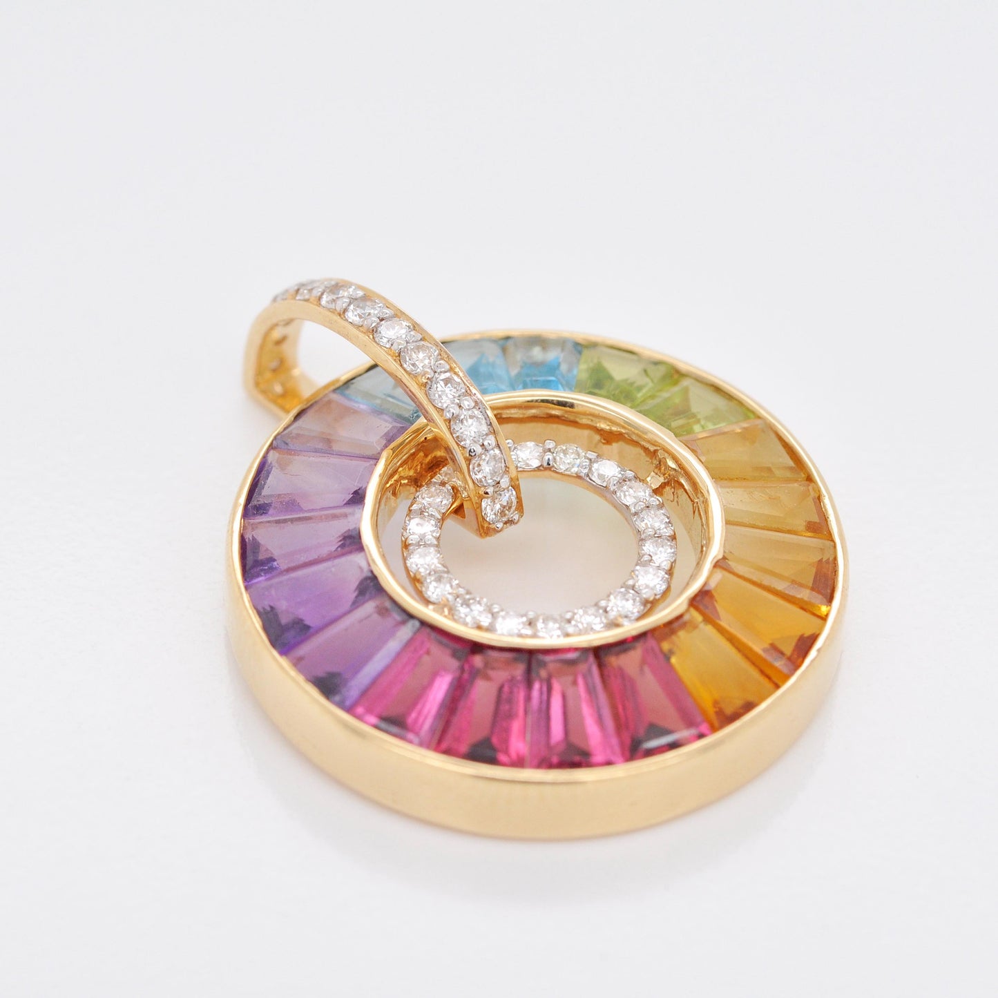 18k Gold Rainbow Gemstones Diamond Circle Pendant