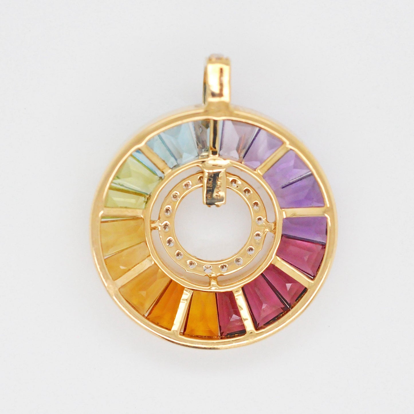 18k Gold Rainbow Gemstones Diamond Circle Pendant