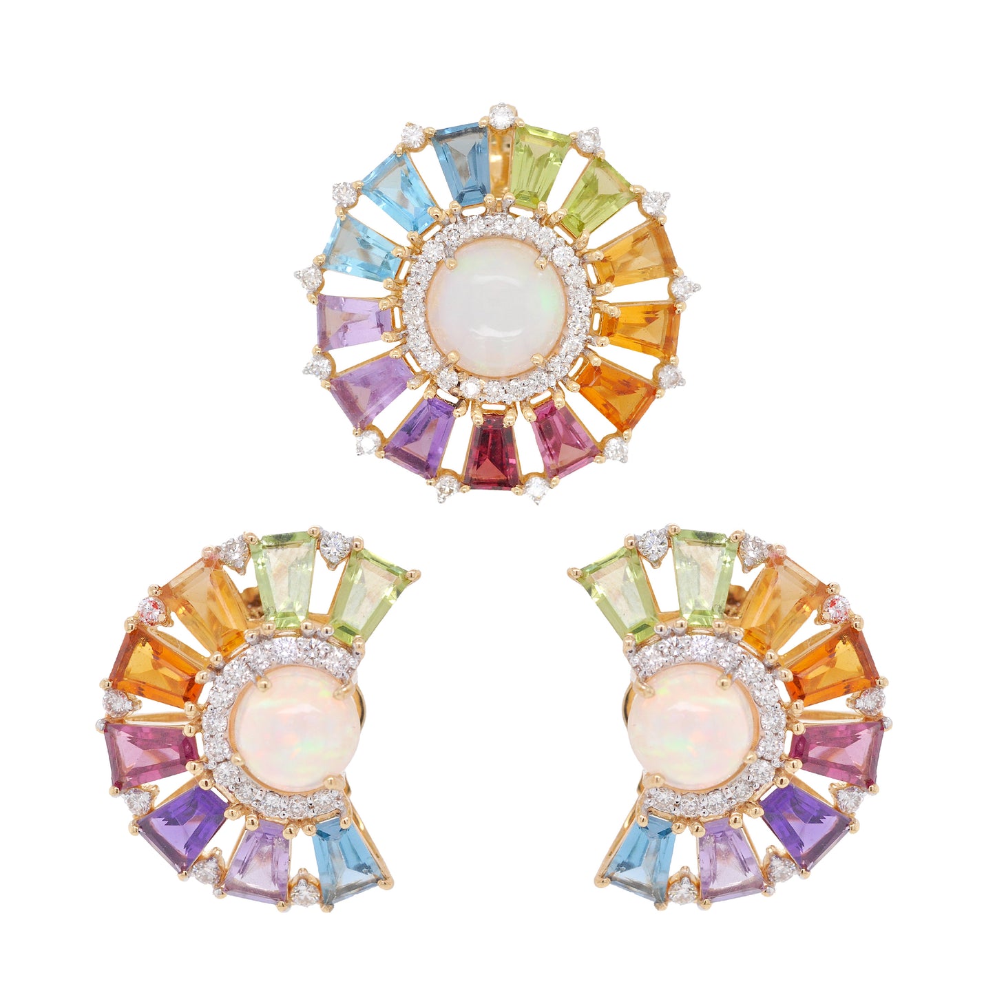 18K Gold Rainbow Ferris  Wheel Opal Diamond Circle Set