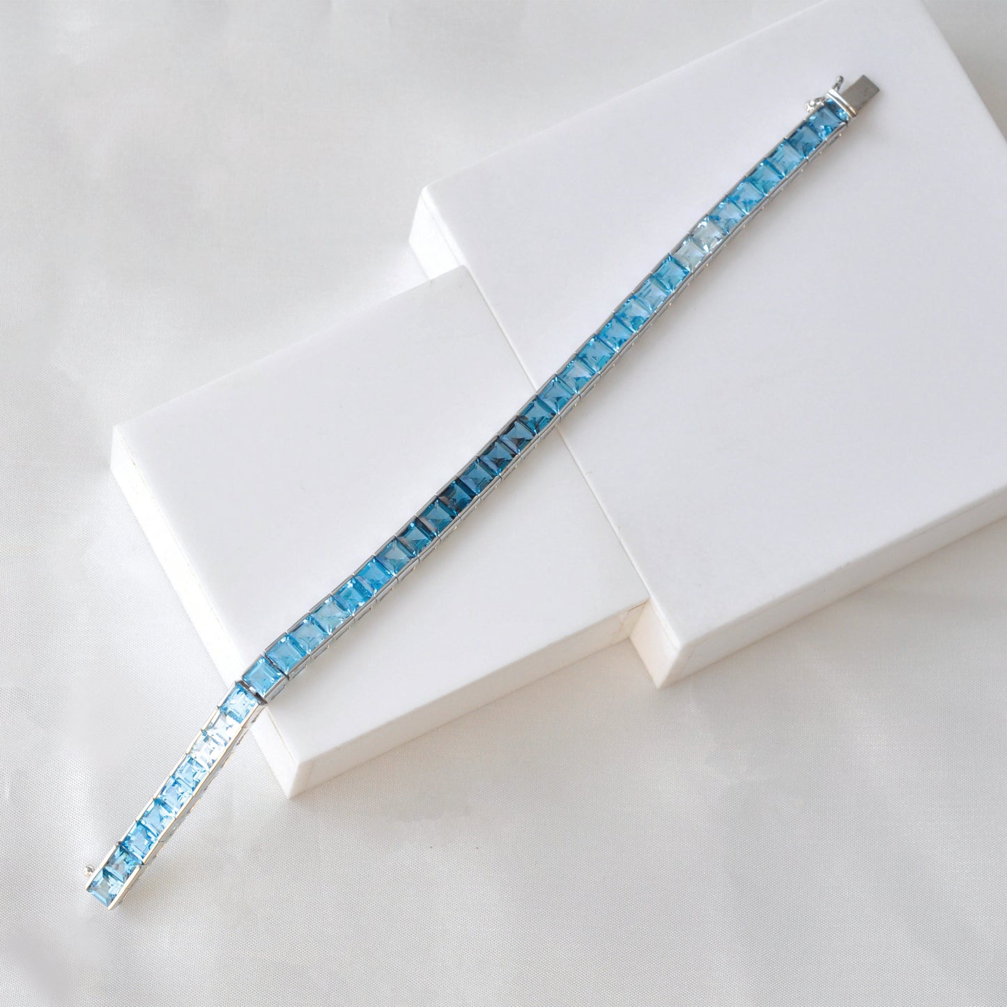 14K White Gold Blue Topaz Art Deco Tennis Line Bracelet