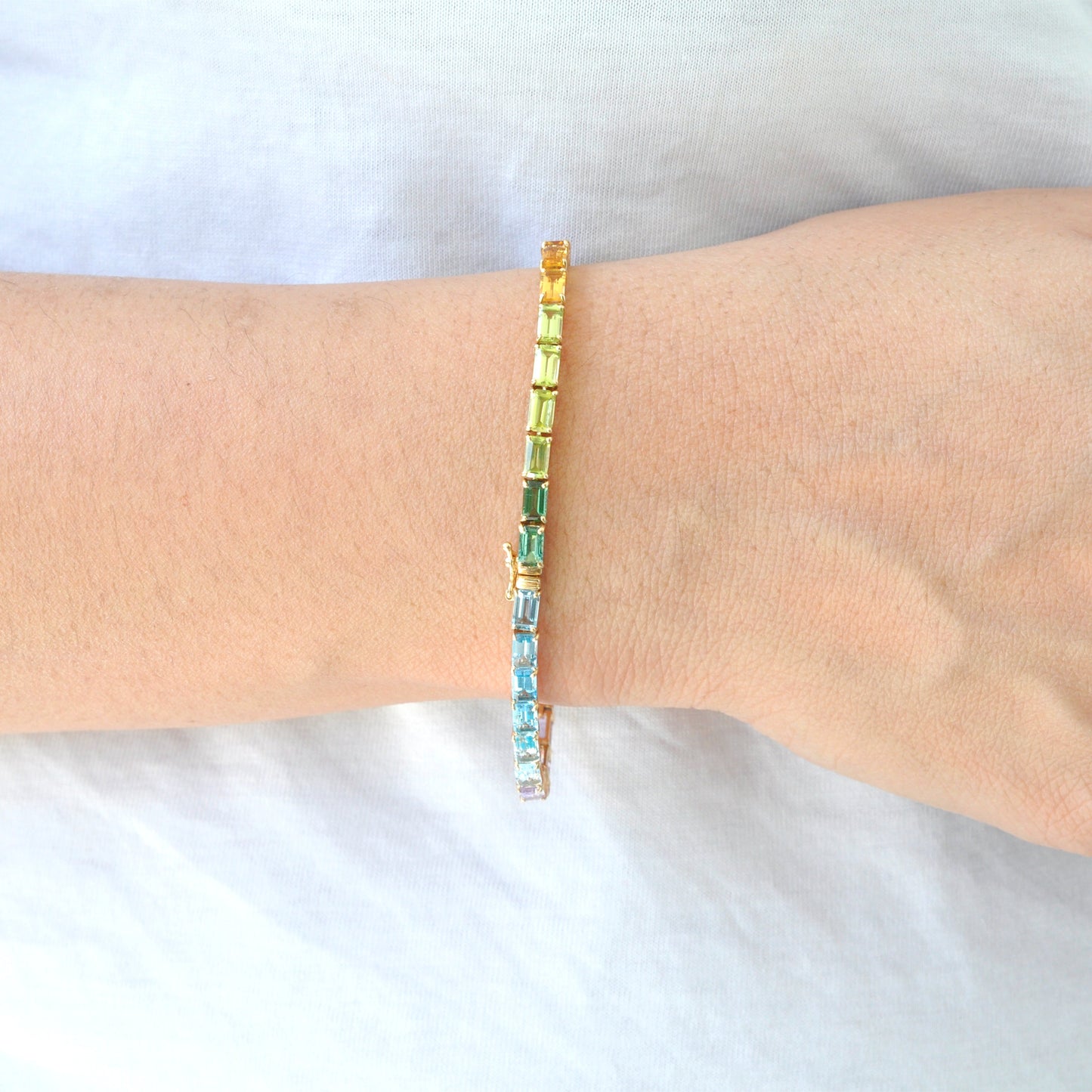 14k Gold Octagon Rainbow Tennis Line Bracelet