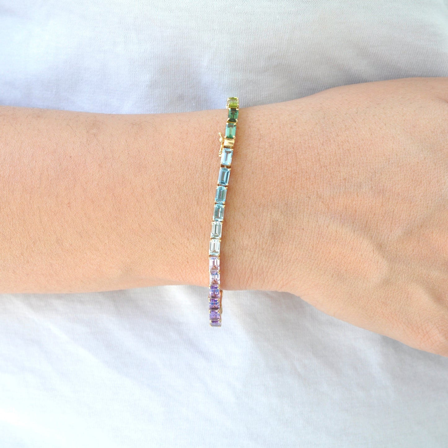 14k Gold Octagon Rainbow Tennis Line Bracelet