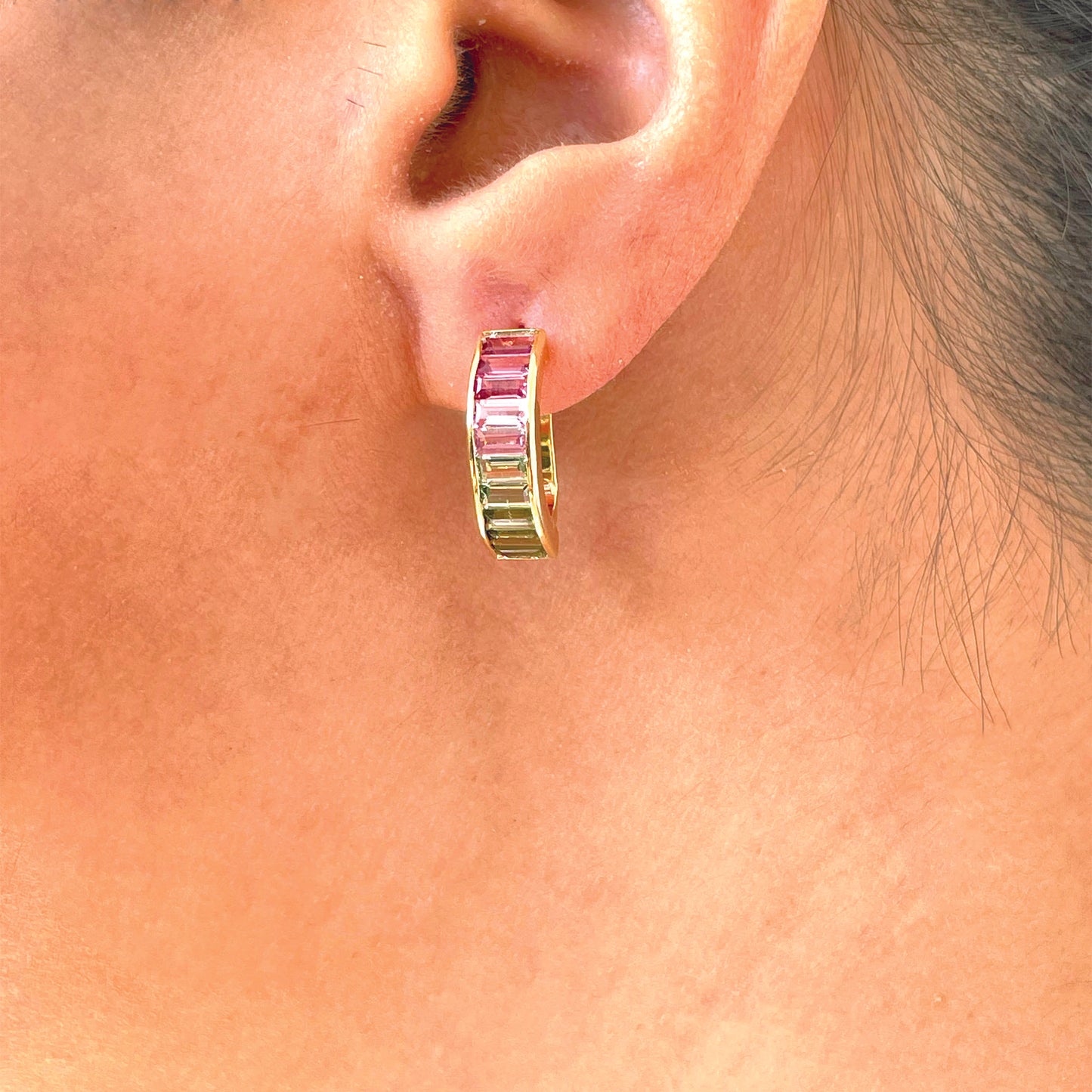 18K Gold Bi Color Tourmaline Bar Earrings