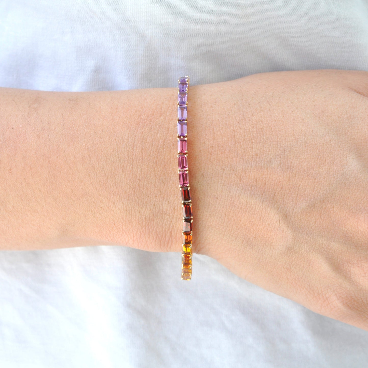 14k Gold Octagon Rainbow Tennis Line Bracelet