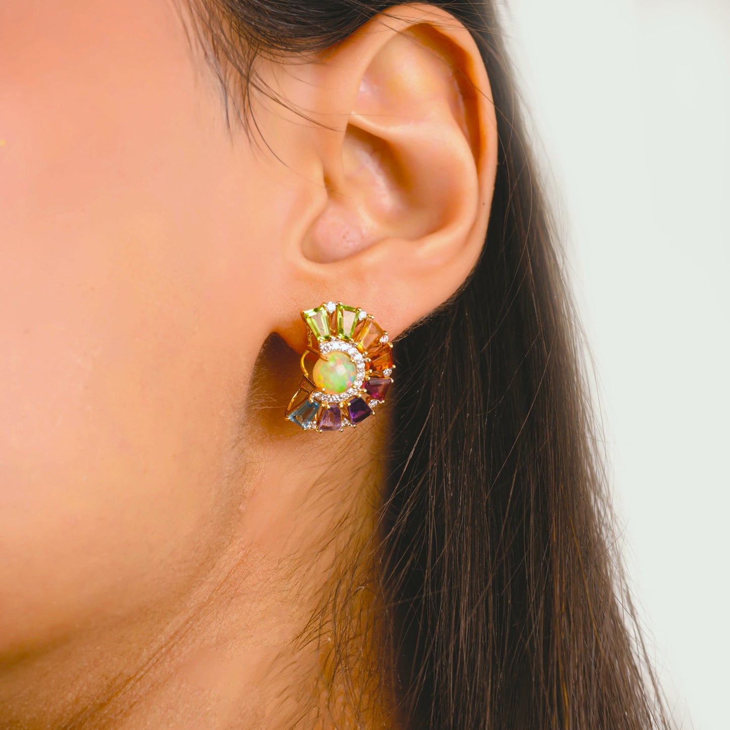 18K Gold Rainbow Ferris Wheel Opal Diamond Stud Earrings