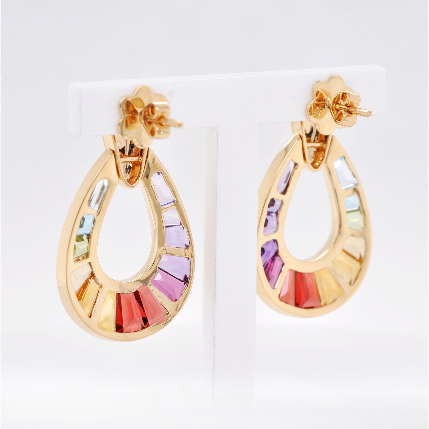 18K Gold Rainbow Gemstones Diamond Doorknocker Earrings