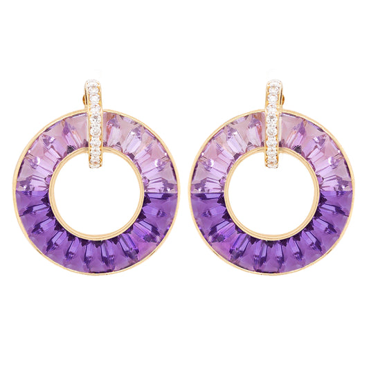 Fine Gold Amethyst Diamond Circle Stud Earrings