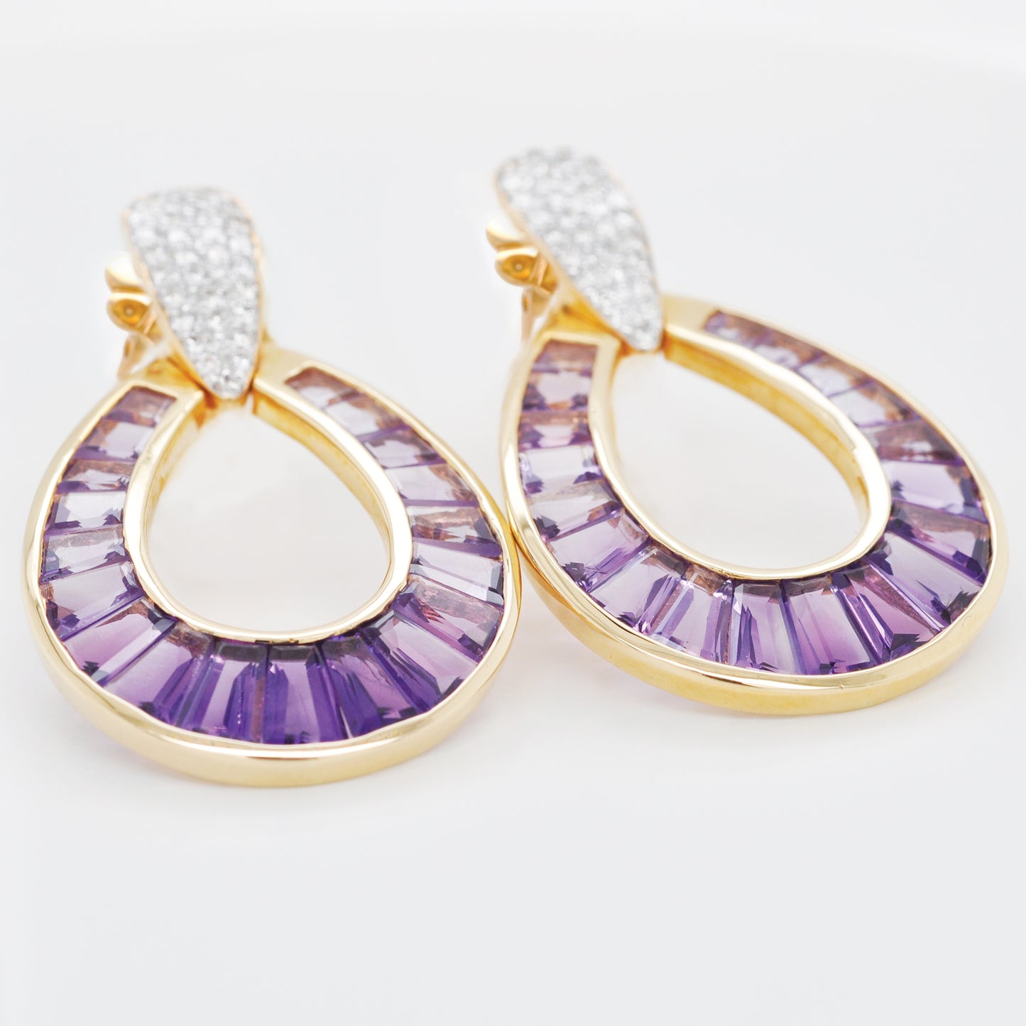 18K Gold Taper Baguette Amethyst Diamond Doorknocker Earrings