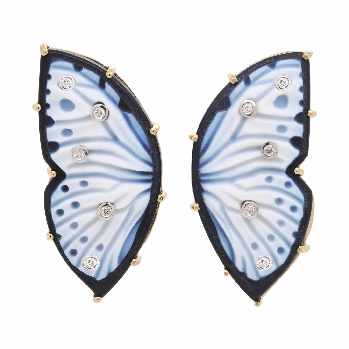 18K Gold Natural Agate Butterfly Diamond Stud Earrings