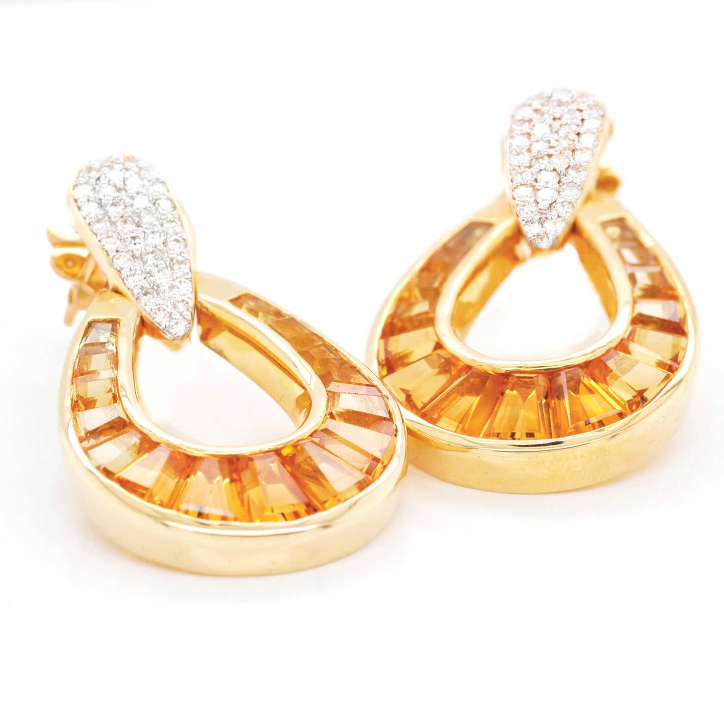 18K Gold Gradient Citrine Diamond Doorknocker Earrings