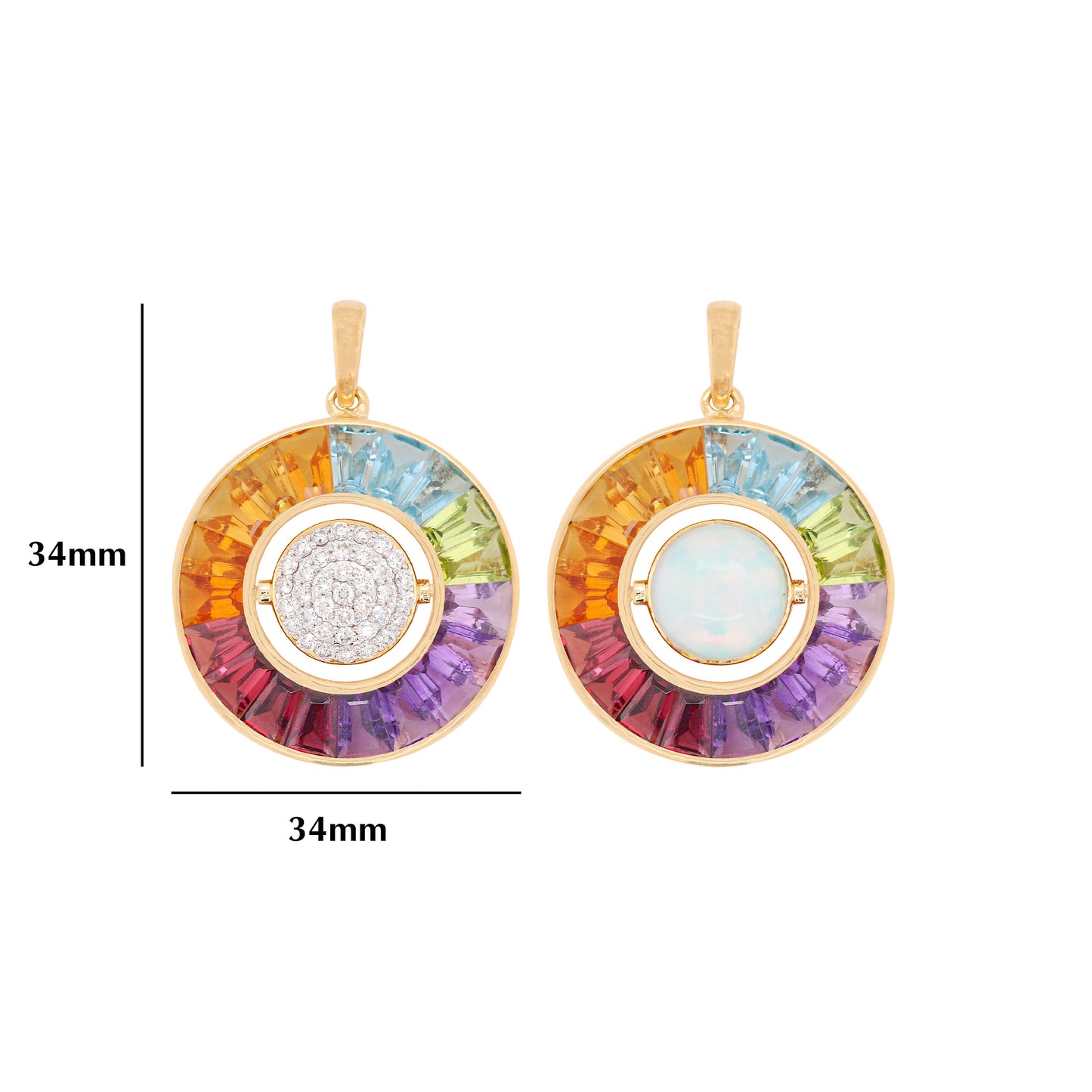 18K Gold Rainbow Gemstone Circle Diamond & Opal Reversible Pendant