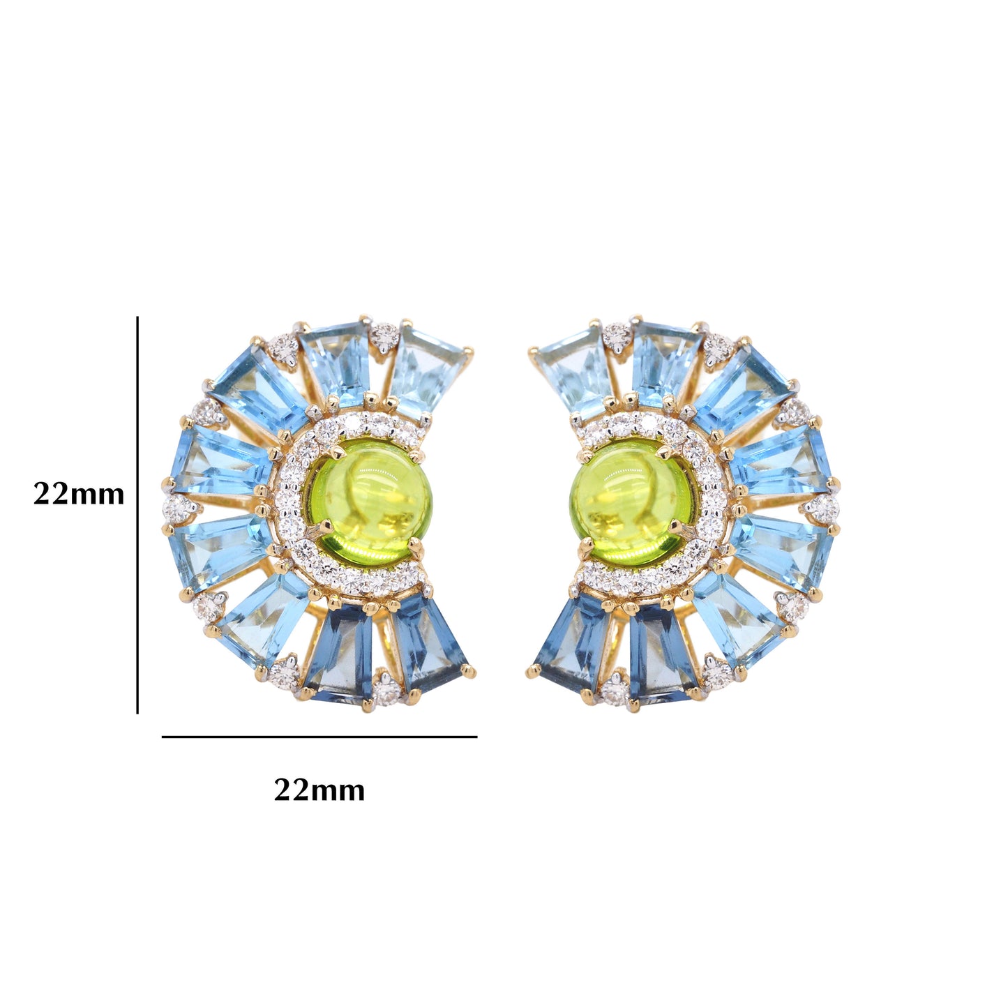 Solid Gold Ferris Wheel Earrings with Peridot and Blue Topaz