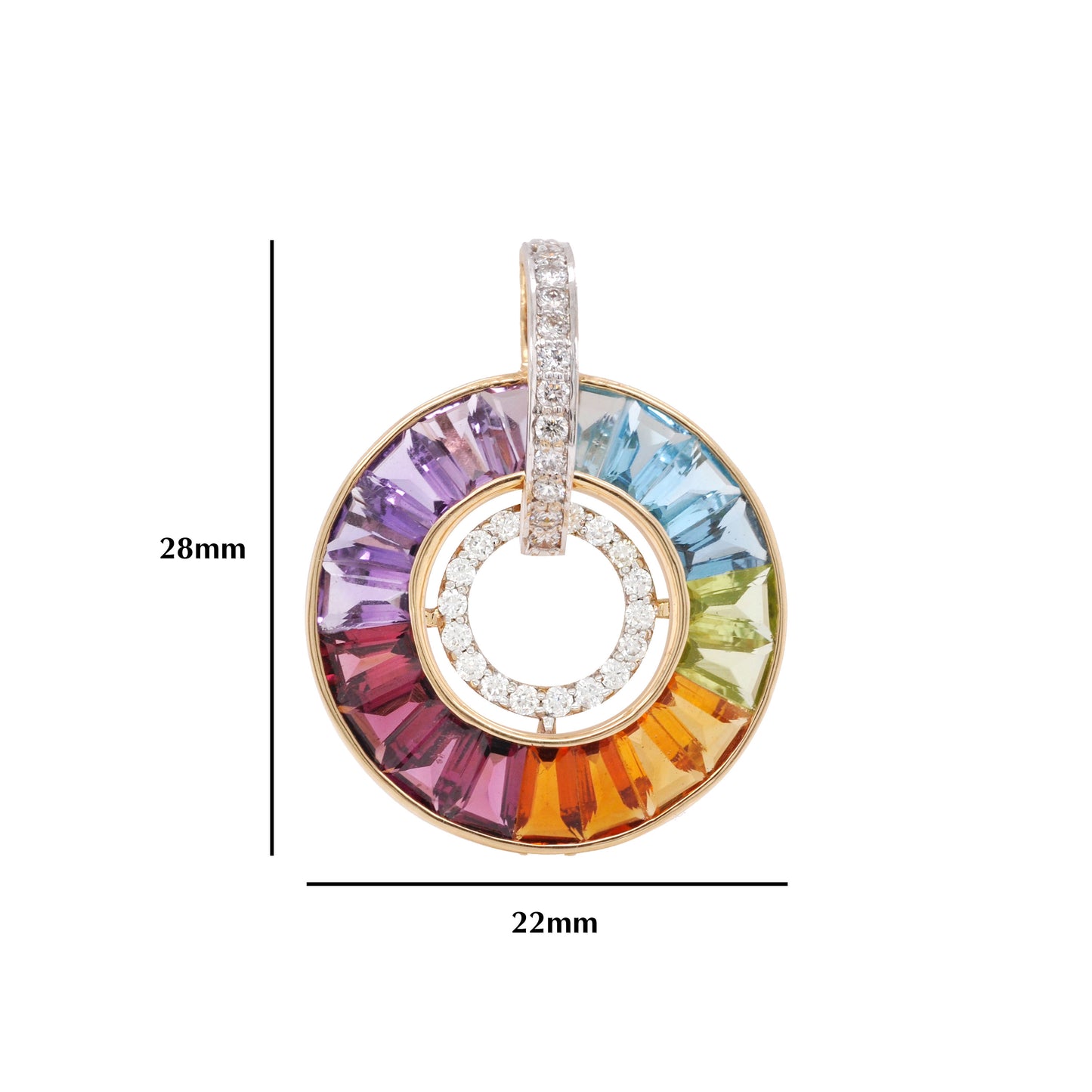 18k Gold Rainbow Gemstones Diamond Circle Pendant