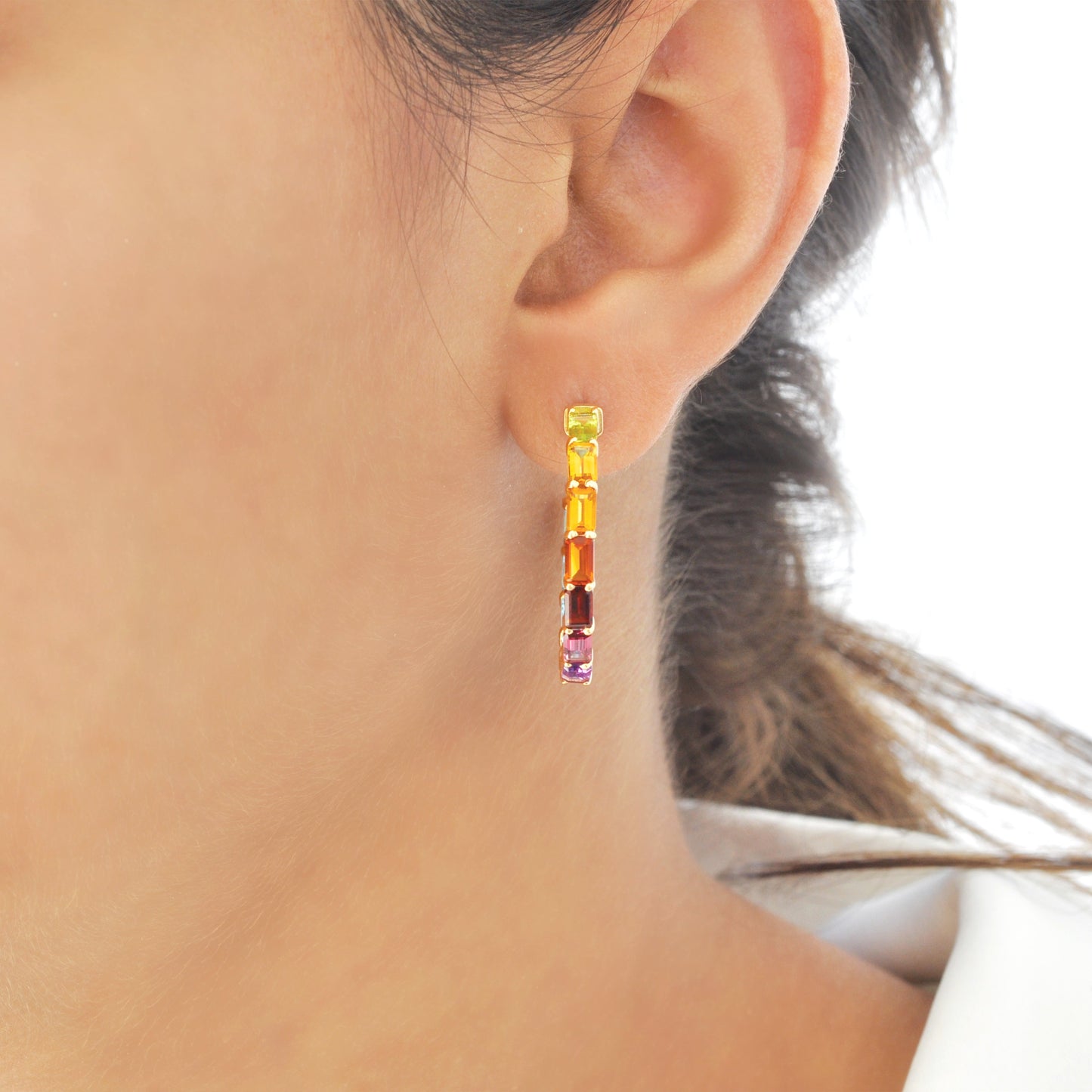 18K Gold Prong-Set Octagon Rainbow Hoop Earrings