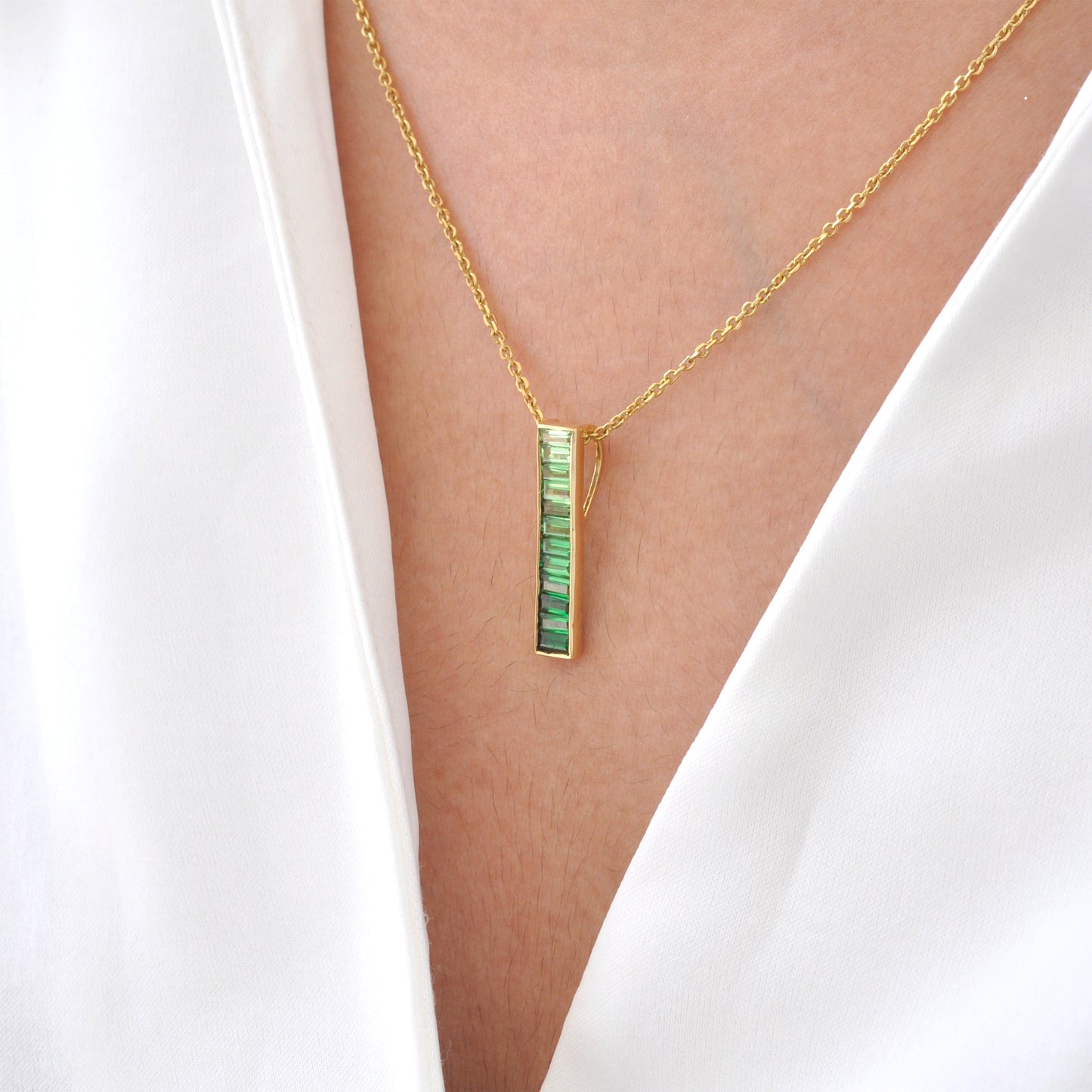 18K Gold Tsavorite Baguette Bar Pendant