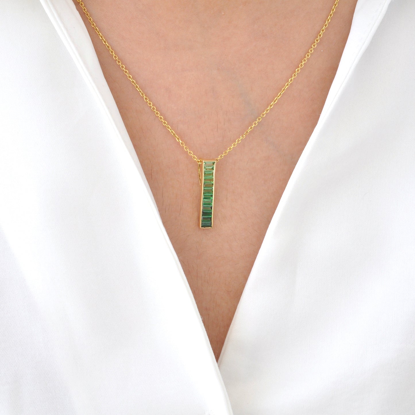 18K Gold Tsavorite Baguette Bar Pendant