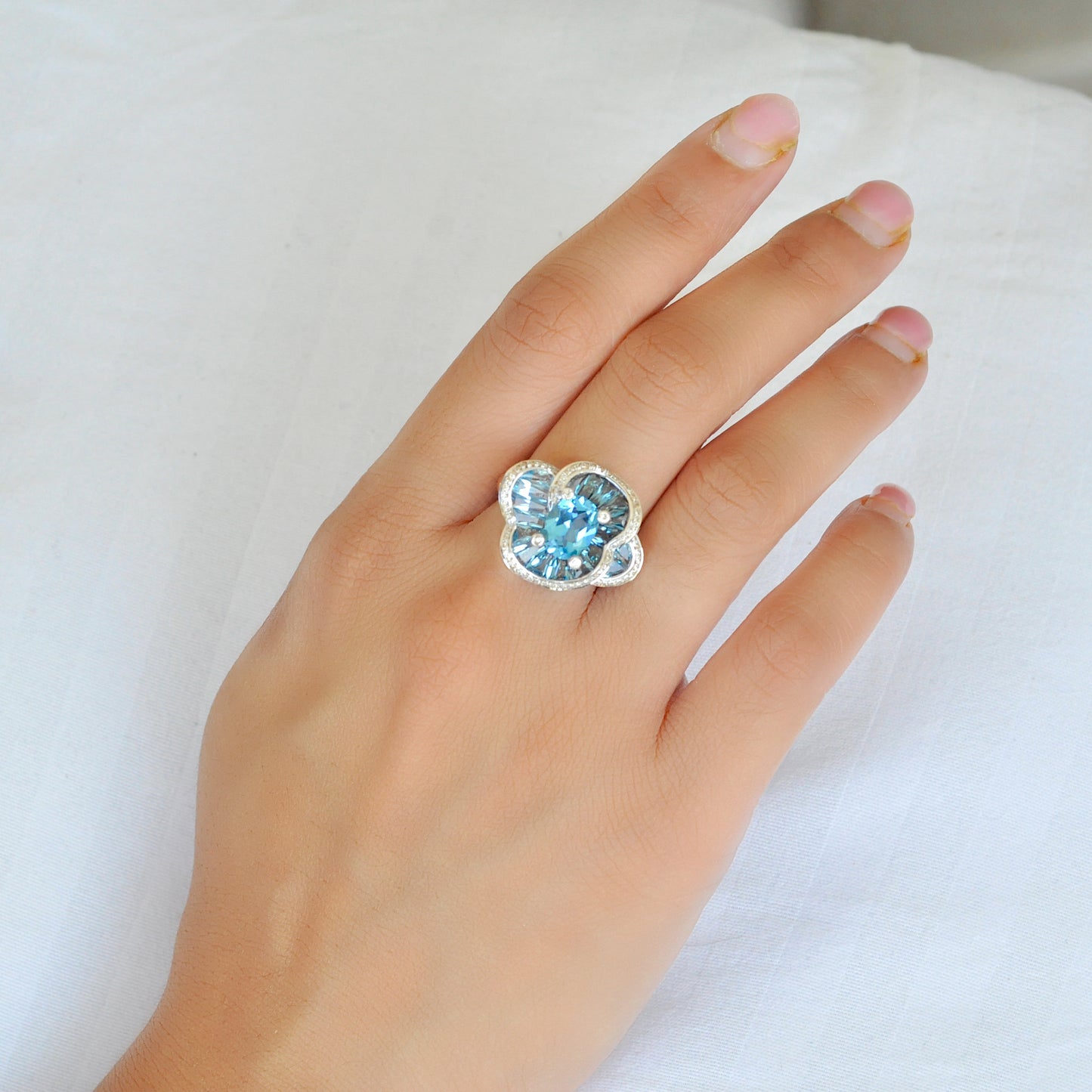 Blue Topaz Special Cut Flower Contemporary Cocktail Ring