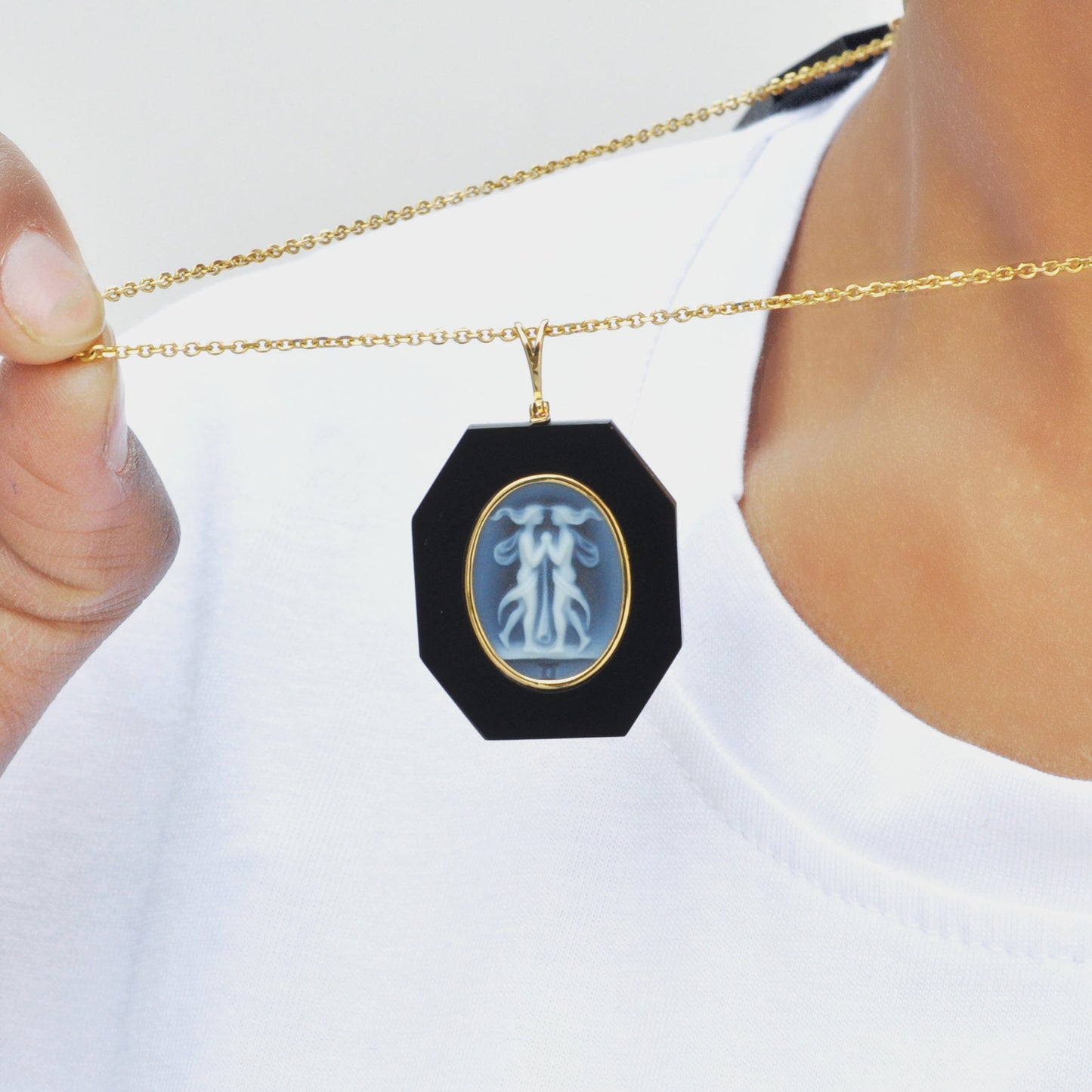 Gemini Zodiac Agate Cameo Black Onyx Pendant Necklace