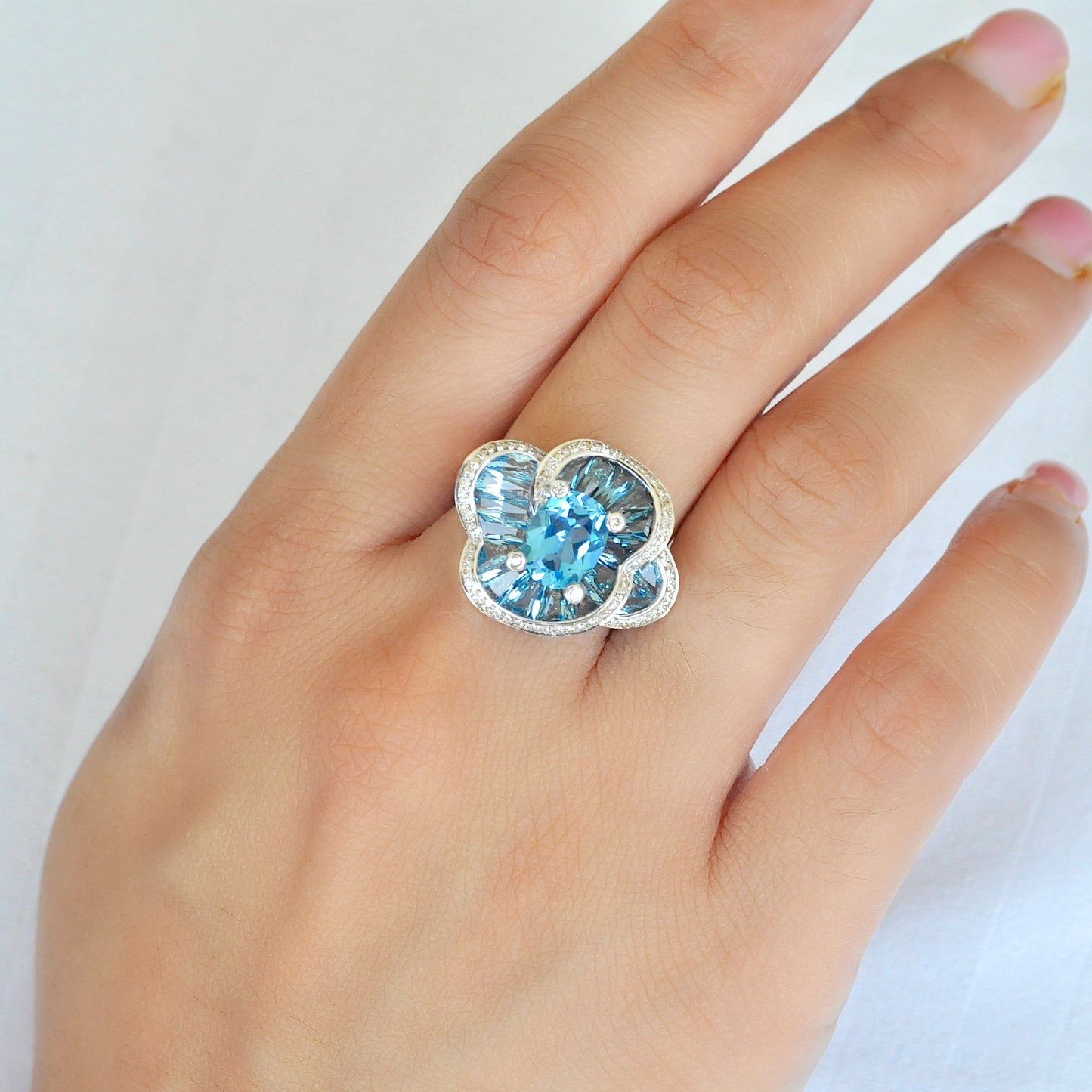 Blue Topaz Special Cut Flower Contemporary Cocktail Ring