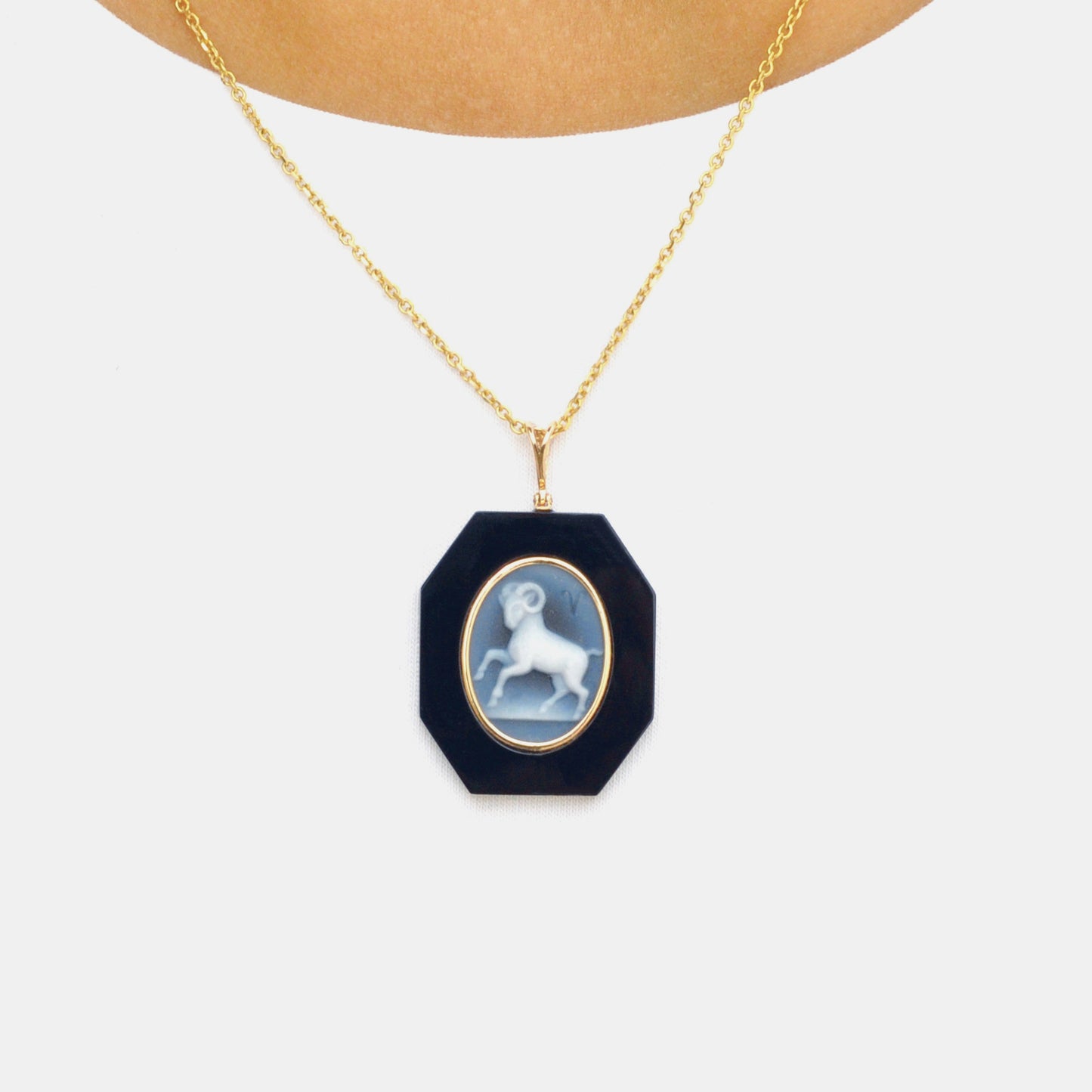 Aries Zodiac Agate Cameo Black Onyx Pendant Necklace